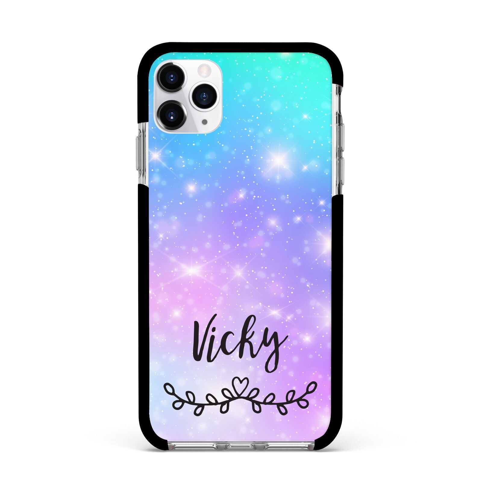 Personalised Black Name Purple Unicorn Marble Apple iPhone 11 Pro Max in Silver with Black Impact Case