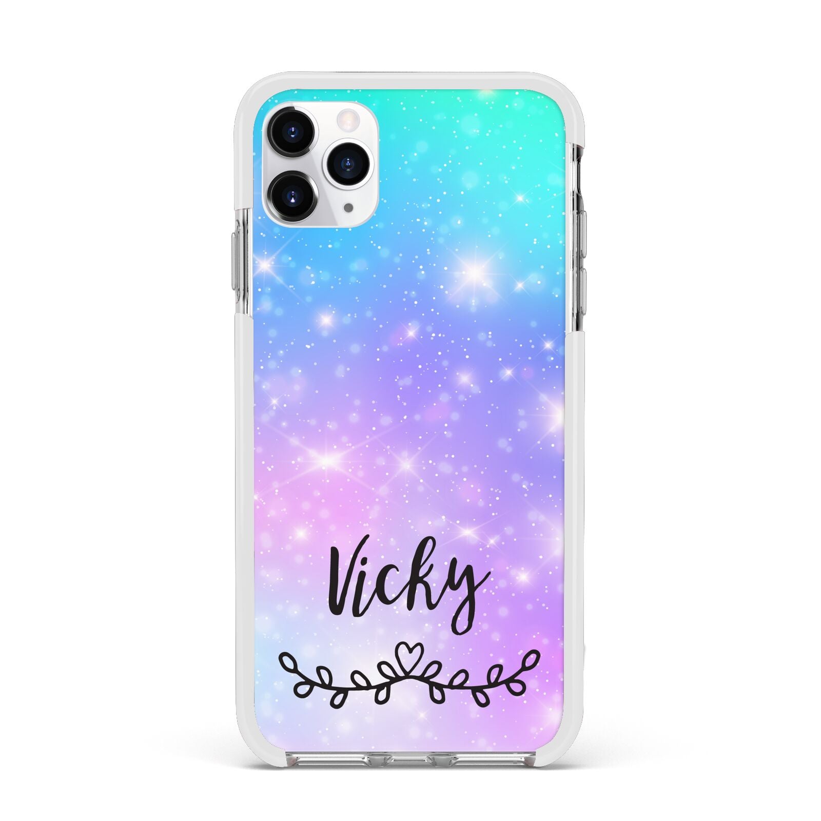 Personalised Black Name Purple Unicorn Marble Apple iPhone 11 Pro Max in Silver with White Impact Case