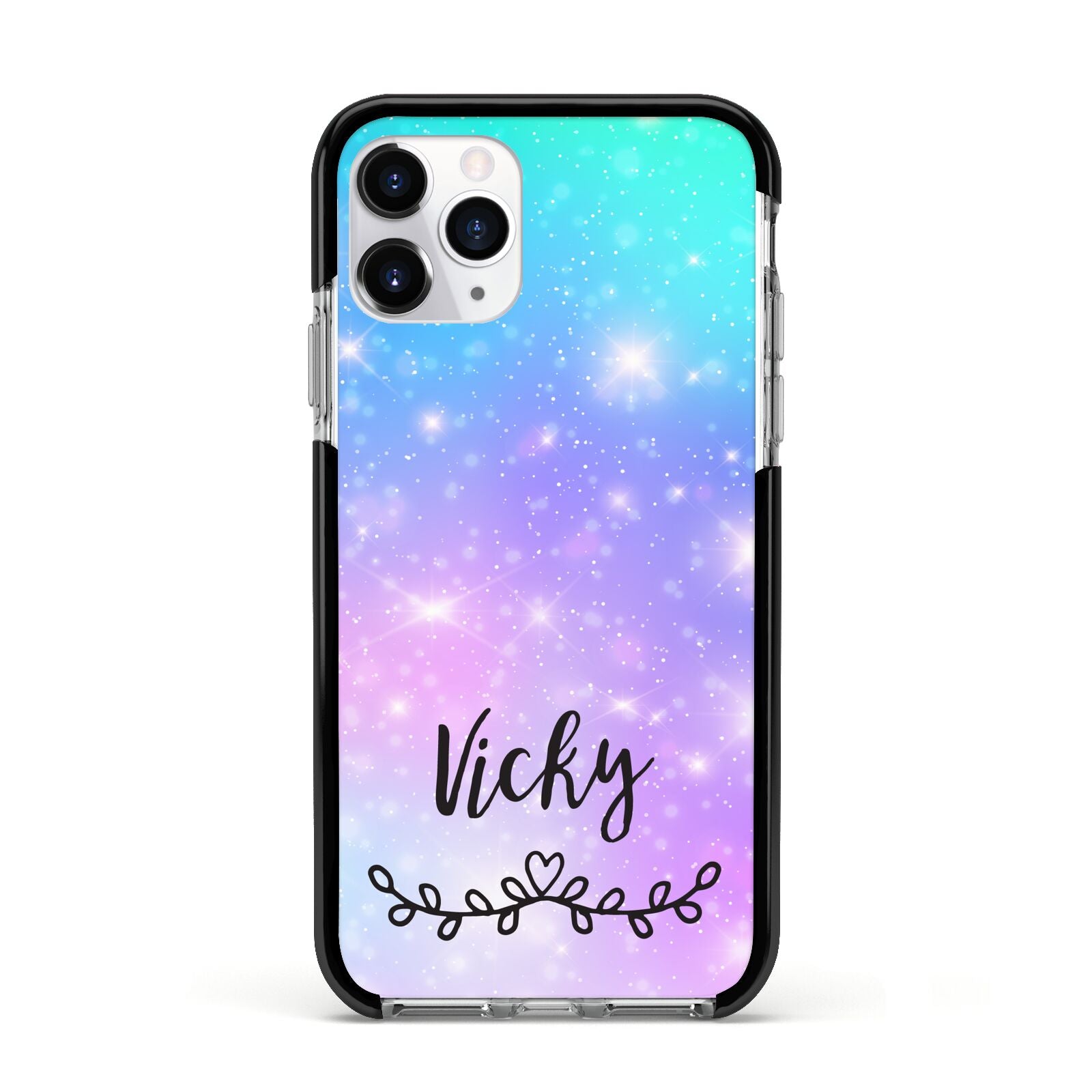 Personalised Black Name Purple Unicorn Marble Apple iPhone 11 Pro in Silver with Black Impact Case