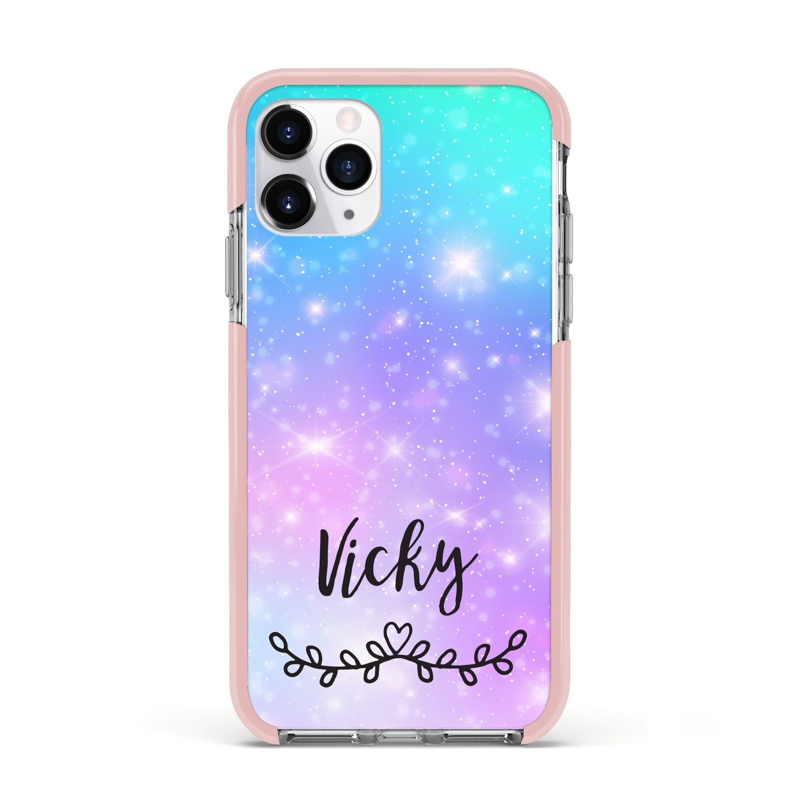 Personalised Black Name Purple Unicorn Marble Apple iPhone 11 Pro in Silver with Pink Impact Case