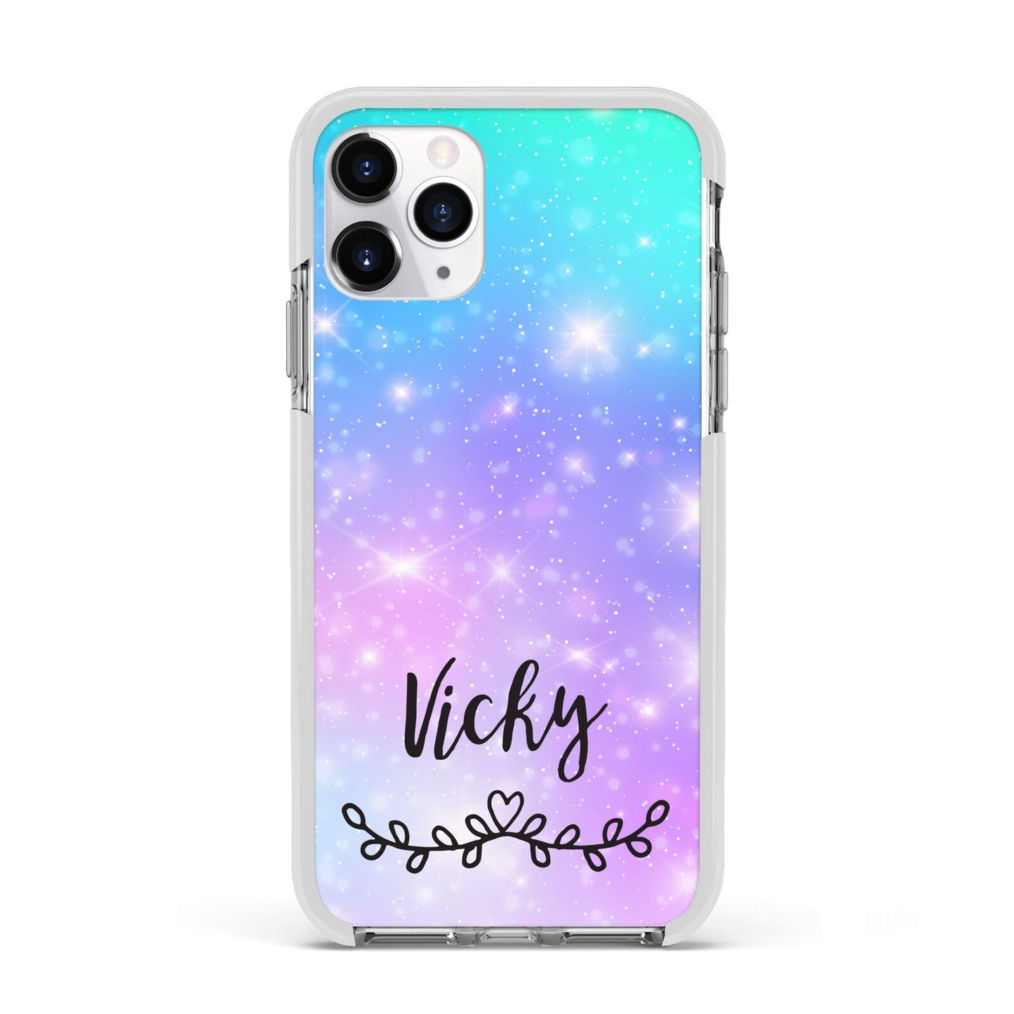 Personalised Black Name Purple Unicorn Marble Apple iPhone 11 Pro in Silver with White Impact Case