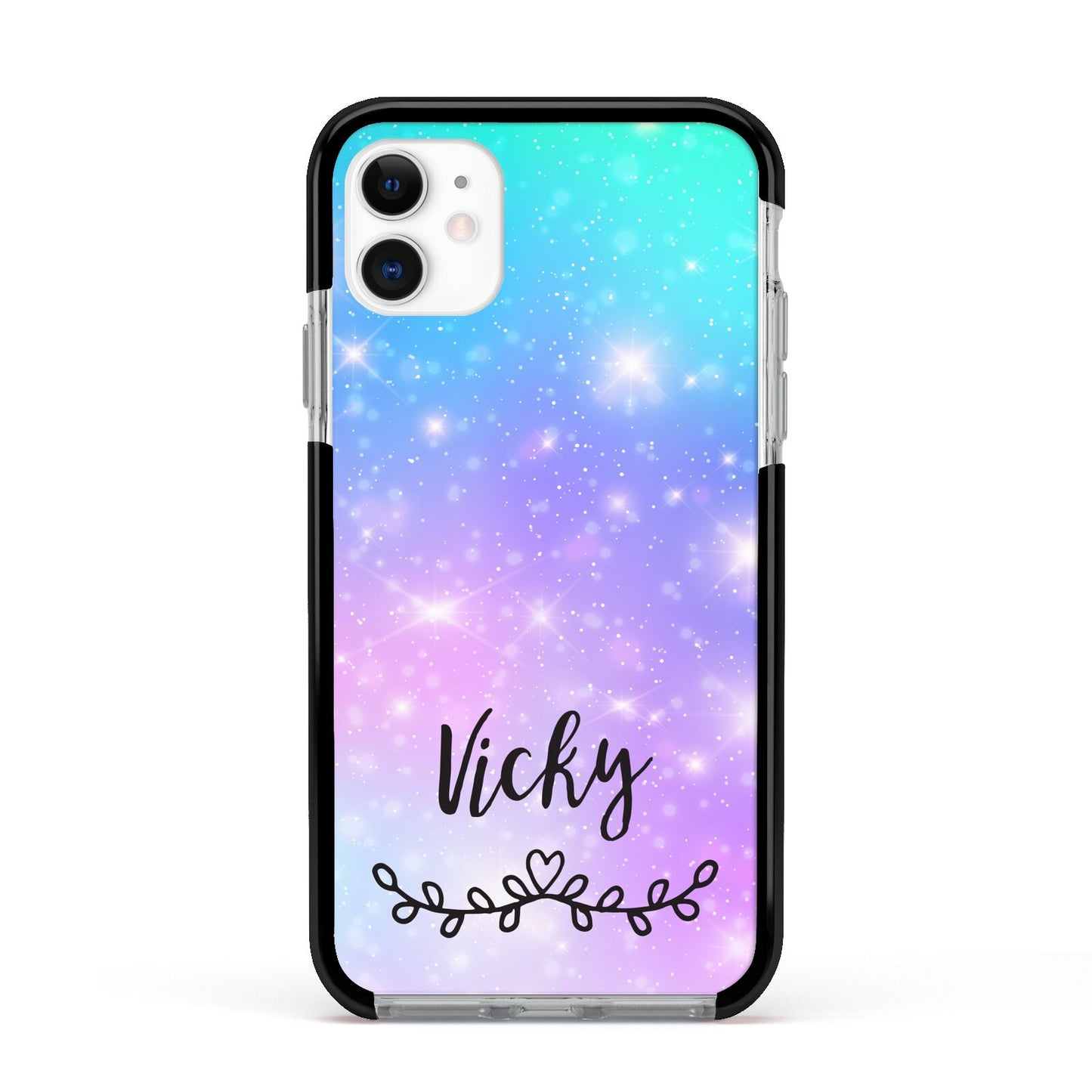 Personalised Black Name Purple Unicorn Marble Apple iPhone 11 in White with Black Impact Case