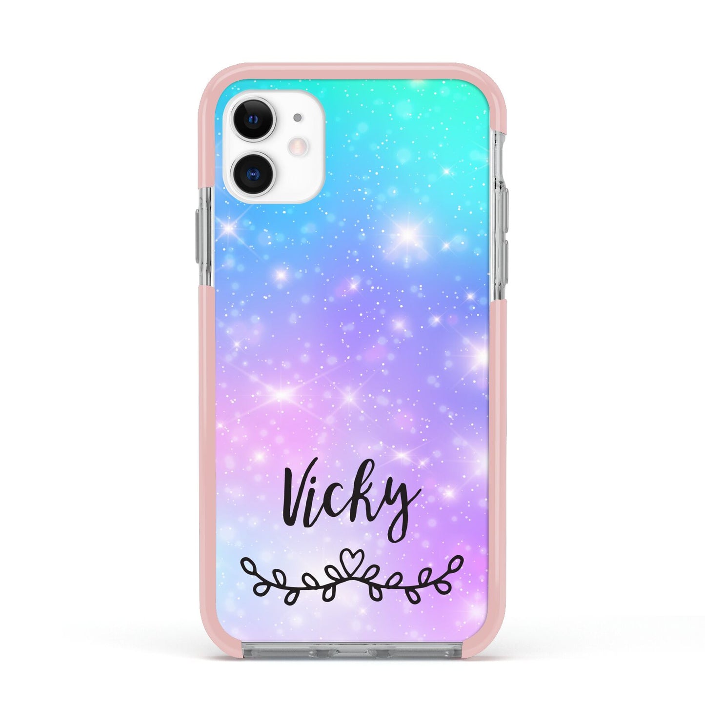 Personalised Black Name Purple Unicorn Marble Apple iPhone 11 in White with Pink Impact Case