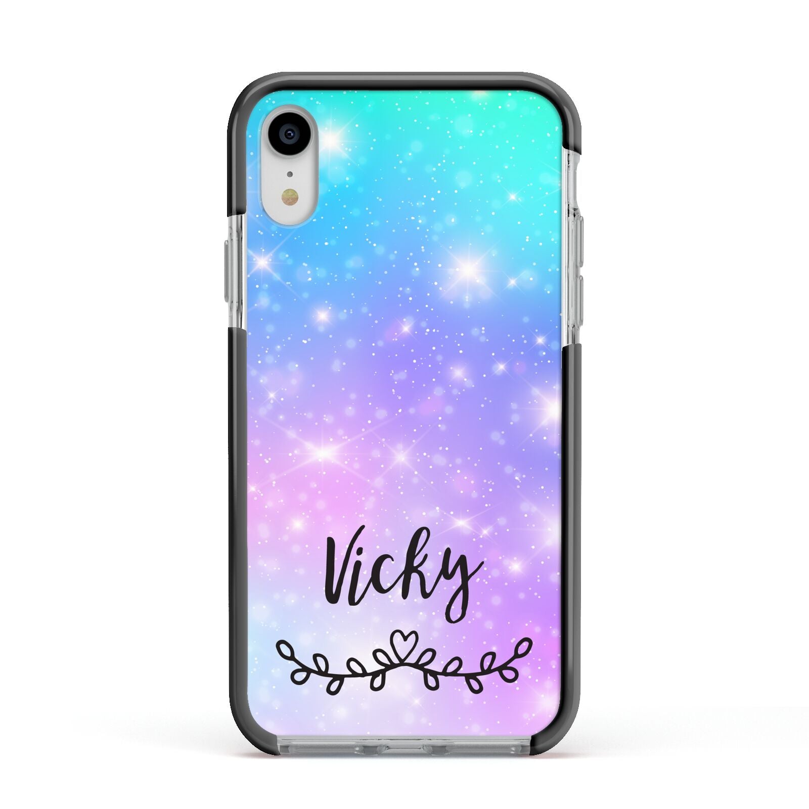 Personalised Black Name Purple Unicorn Marble Apple iPhone XR Impact Case Black Edge on Silver Phone