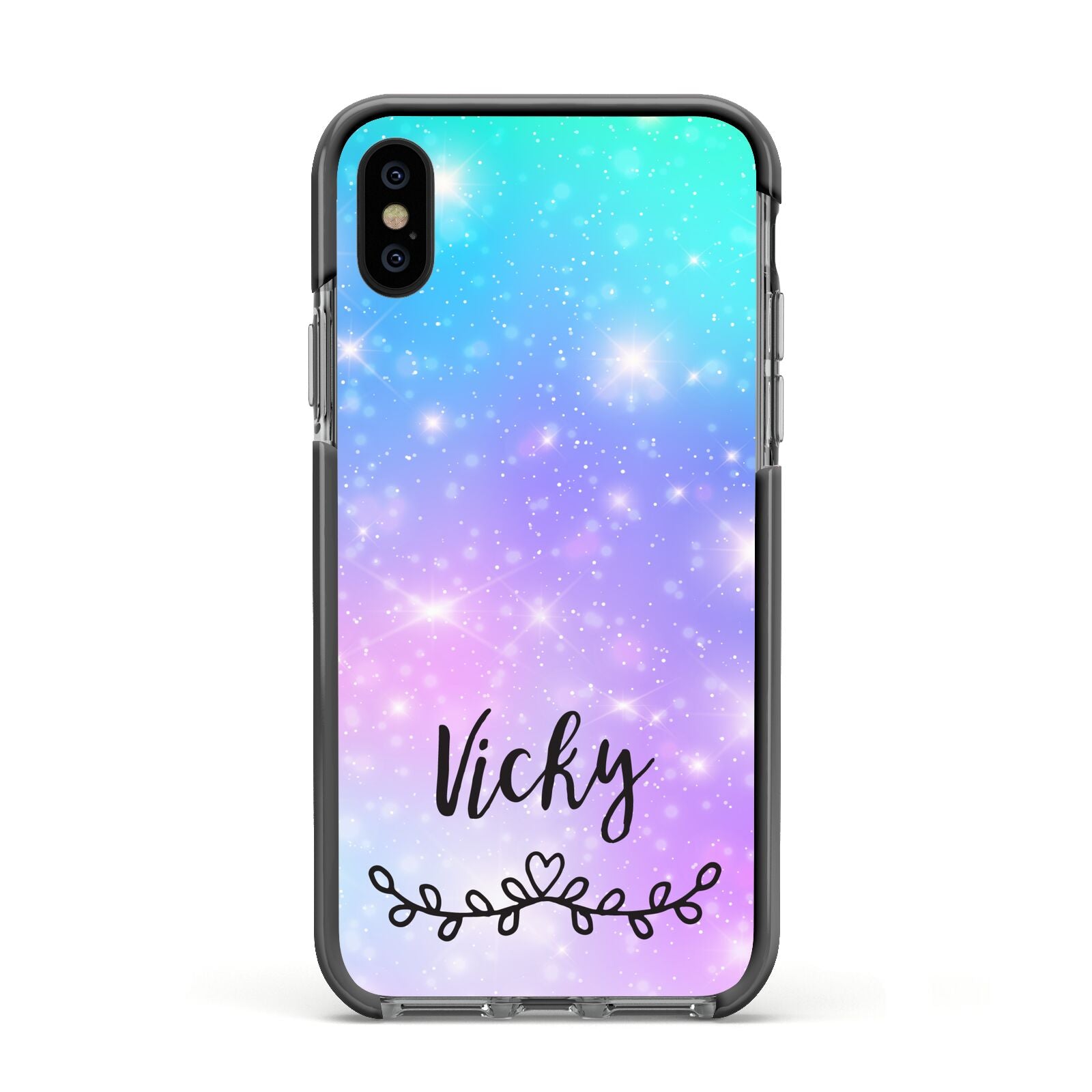Personalised Black Name Purple Unicorn Marble Apple iPhone Xs Impact Case Black Edge on Black Phone