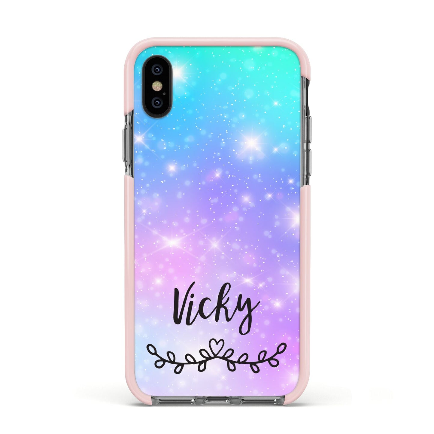Personalised Black Name Purple Unicorn Marble Apple iPhone Xs Impact Case Pink Edge on Black Phone