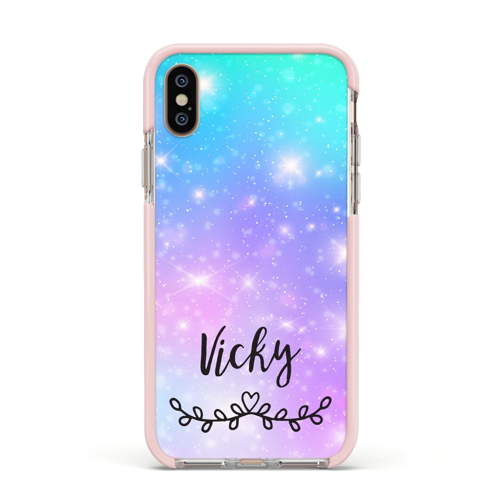 Personalised Black Name Purple Unicorn Marble Apple iPhone Xs Impact Case Pink Edge on Gold Phone