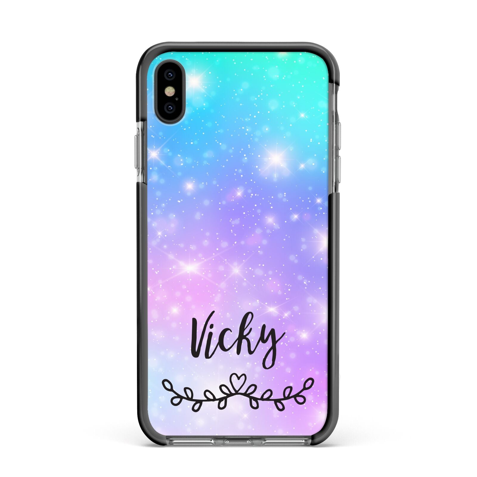 Personalised Black Name Purple Unicorn Marble Apple iPhone Xs Max Impact Case Black Edge on Black Phone