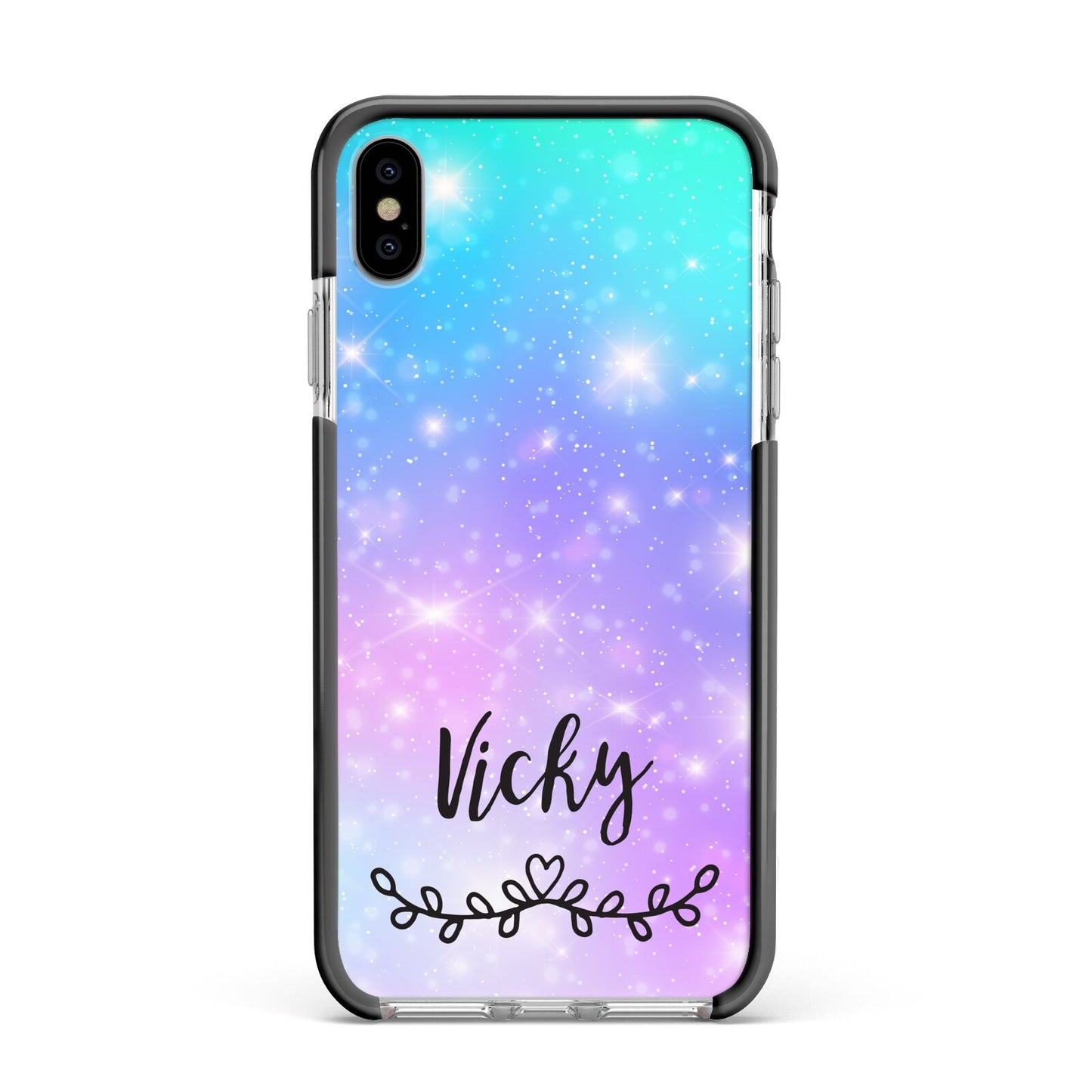 Personalised Black Name Purple Unicorn Marble Apple iPhone Xs Max Impact Case Black Edge on Silver Phone