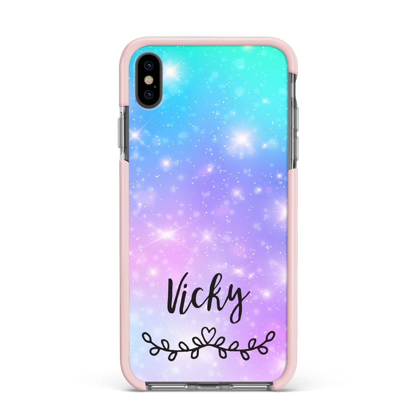 Personalised Black Name Purple Unicorn Marble Apple iPhone Xs Max Impact Case Pink Edge on Black Phone