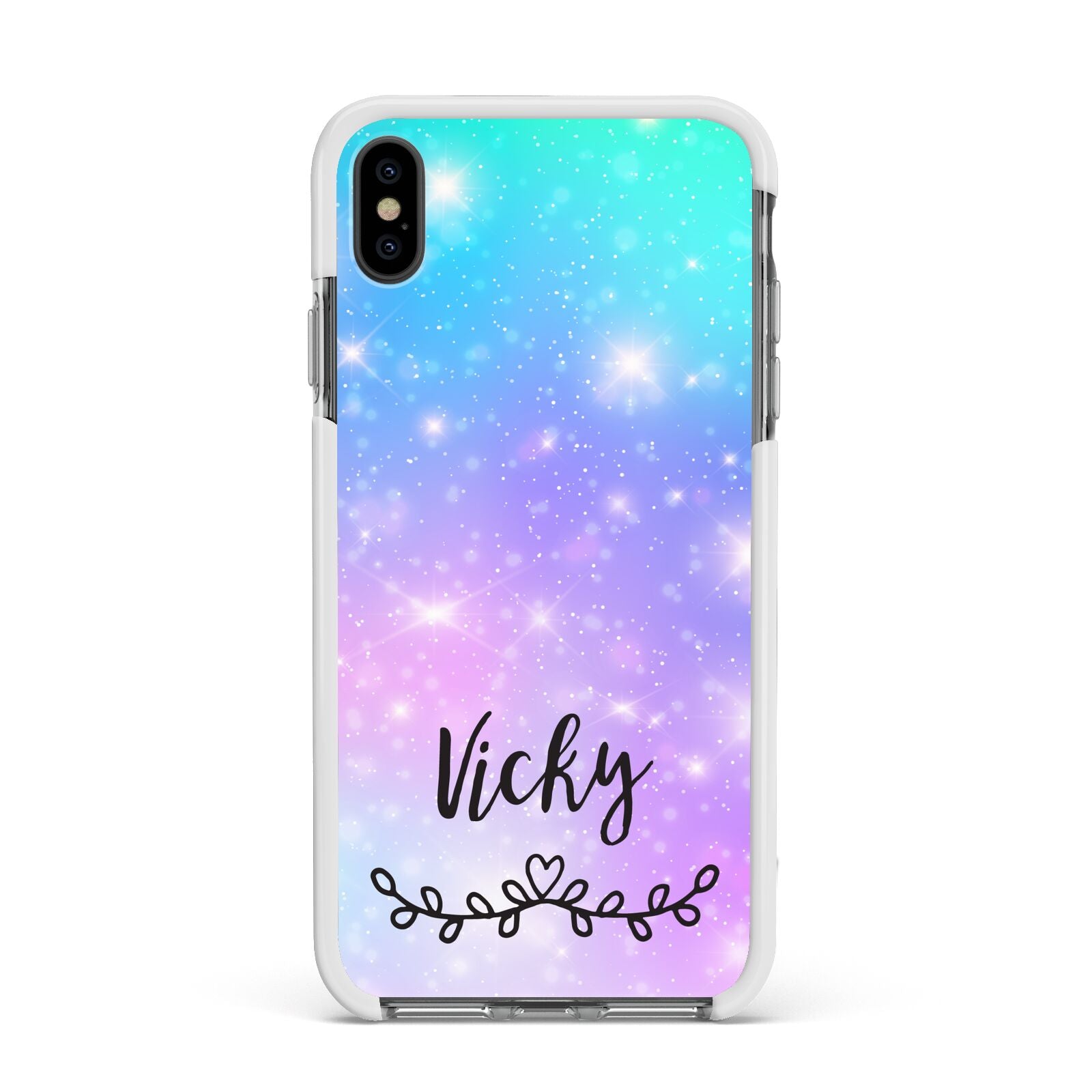Personalised Black Name Purple Unicorn Marble Apple iPhone Xs Max Impact Case White Edge on Black Phone