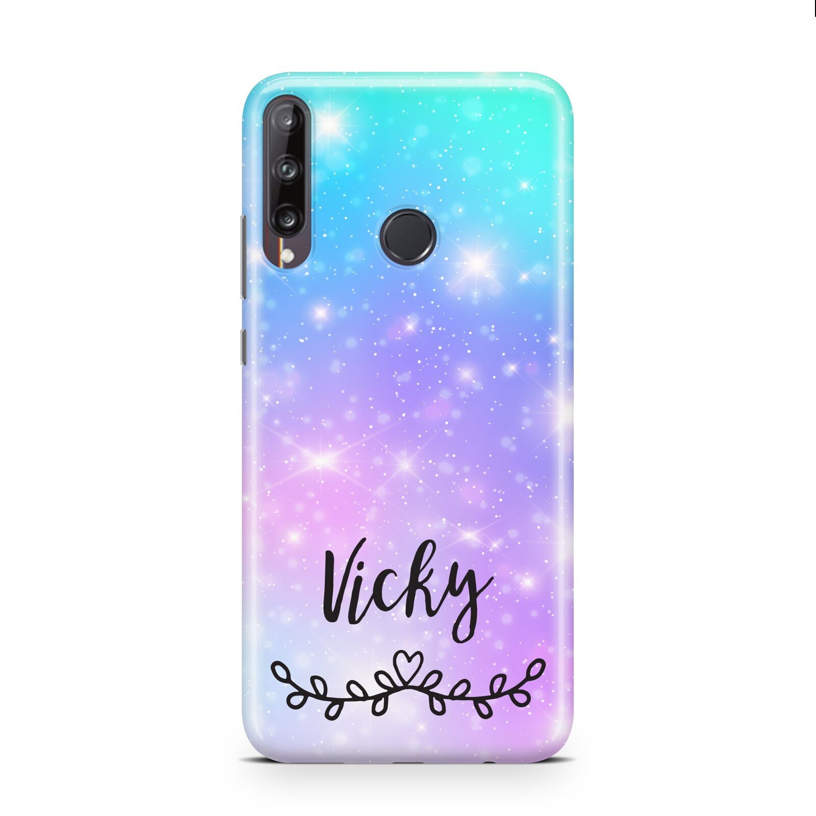 Personalised Black Name Purple Unicorn Marble Huawei P40 Lite E Phone Case