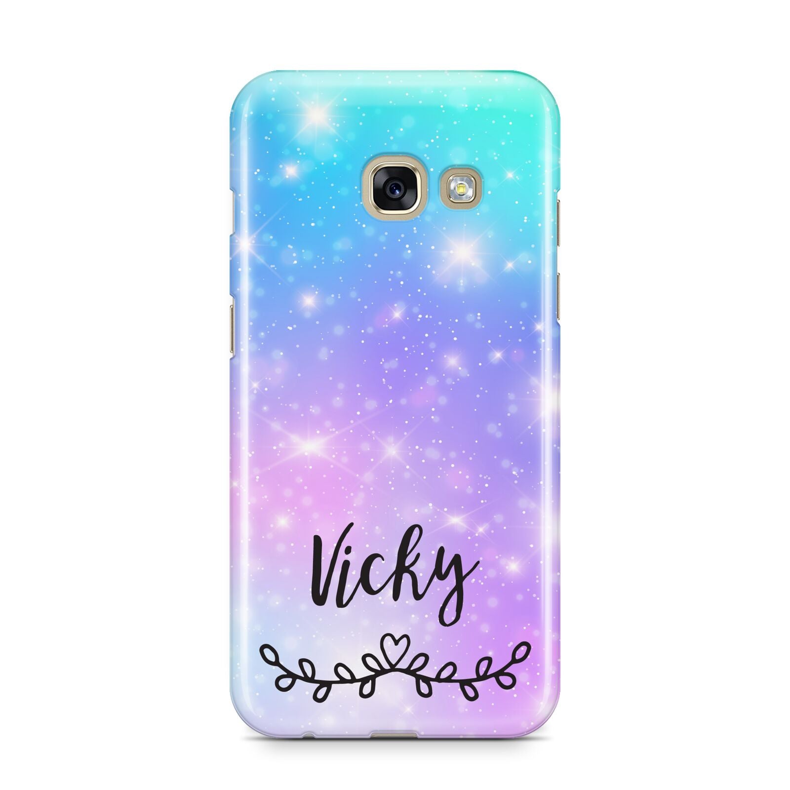 Personalised Black Name Purple Unicorn Marble Samsung Galaxy A3 2017 Case on gold phone
