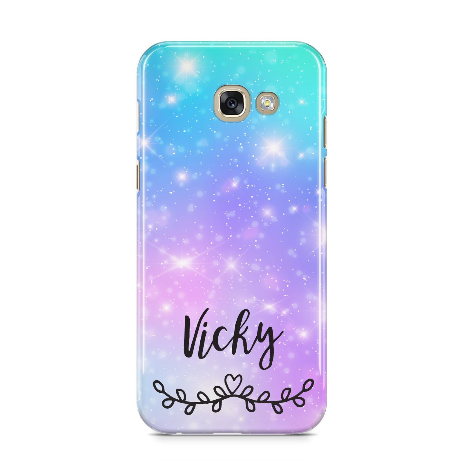 Personalised Black Name Purple Unicorn Marble Samsung Galaxy A5 2017 Case on gold phone