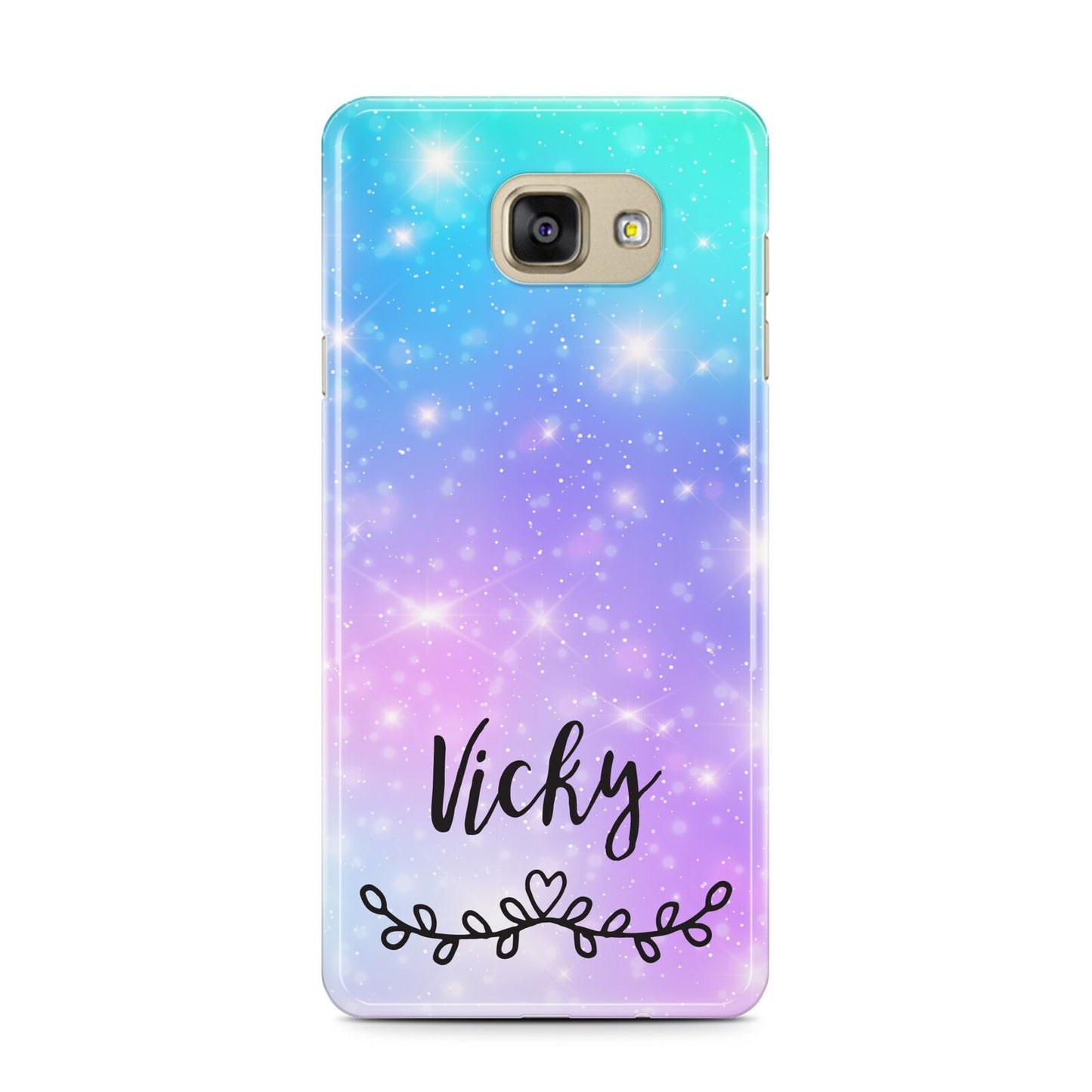 Personalised Black Name Purple Unicorn Marble Samsung Galaxy A7 2016 Case on gold phone