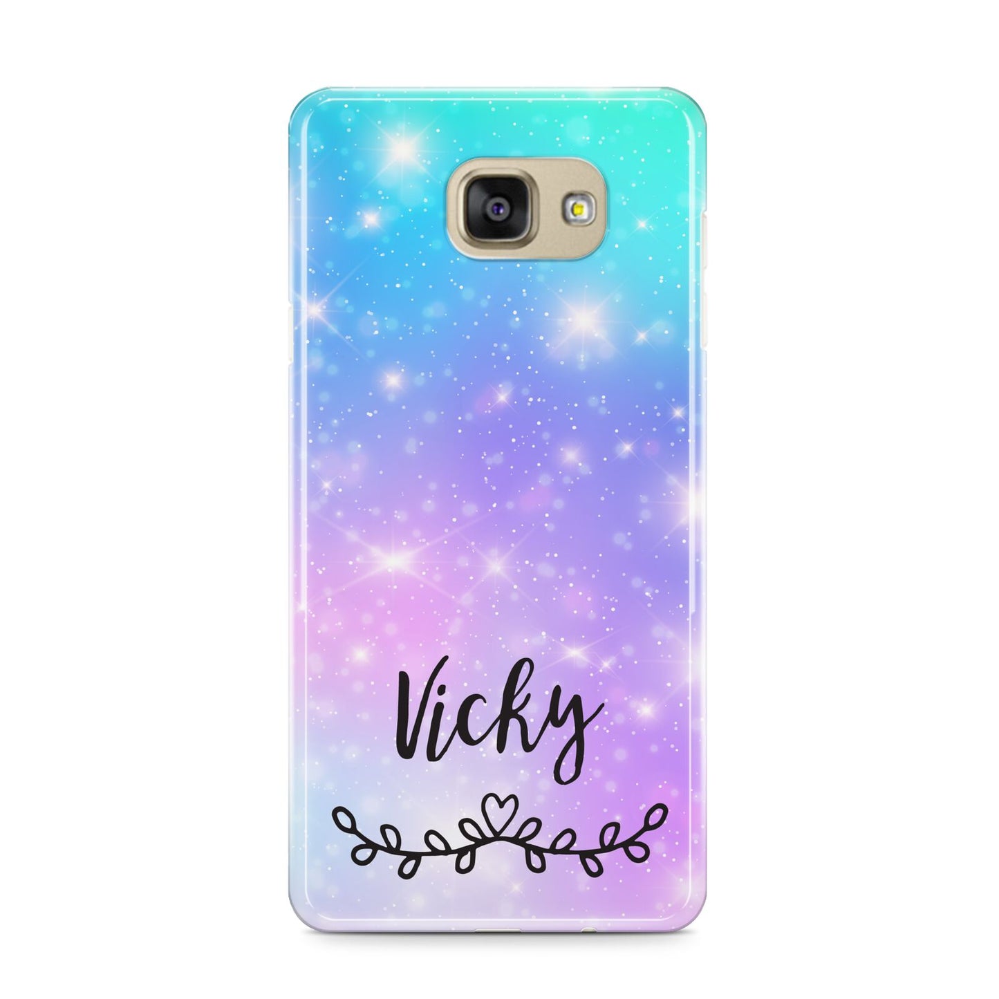 Personalised Black Name Purple Unicorn Marble Samsung Galaxy A9 2016 Case on gold phone