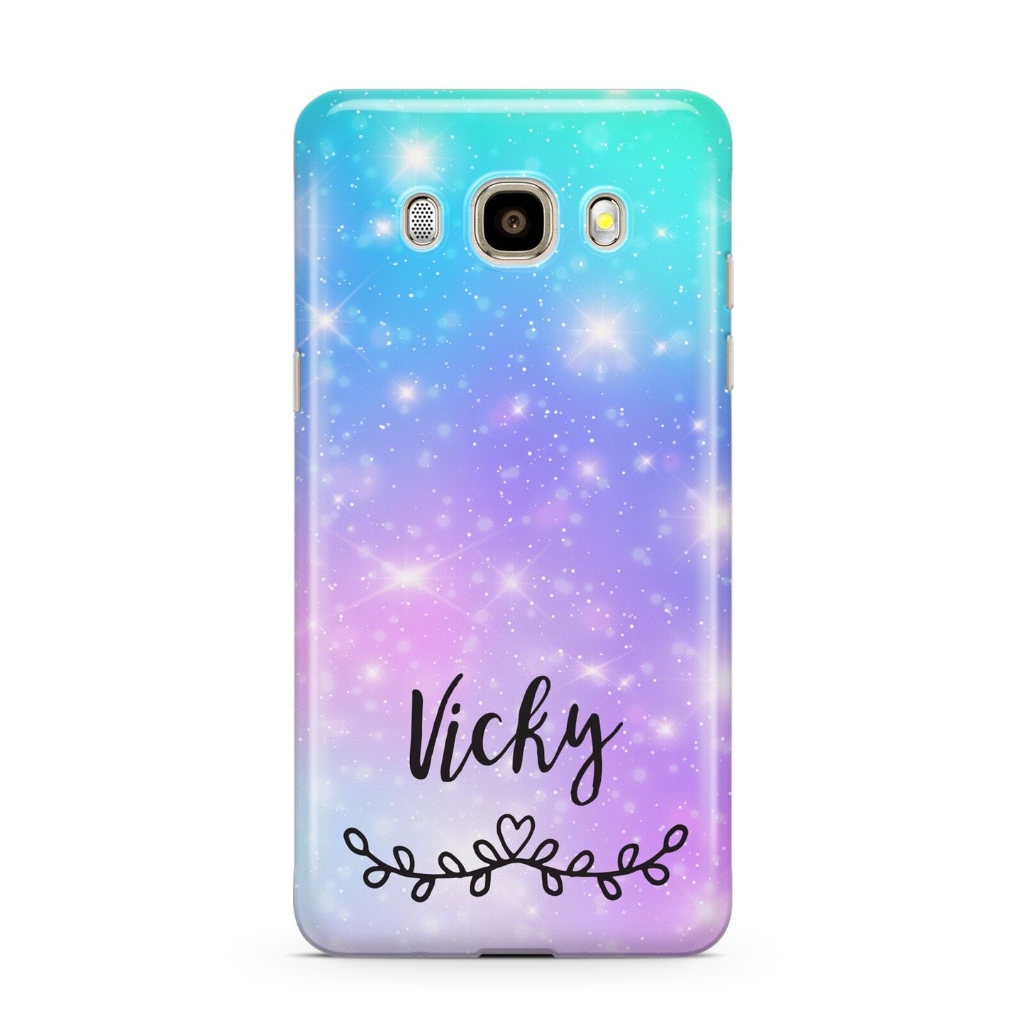 Personalised Black Name Purple Unicorn Marble Samsung Galaxy J7 2016 Case on gold phone