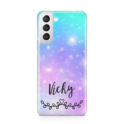 Personalised Black Name Purple Unicorn Marble Samsung S21 Case