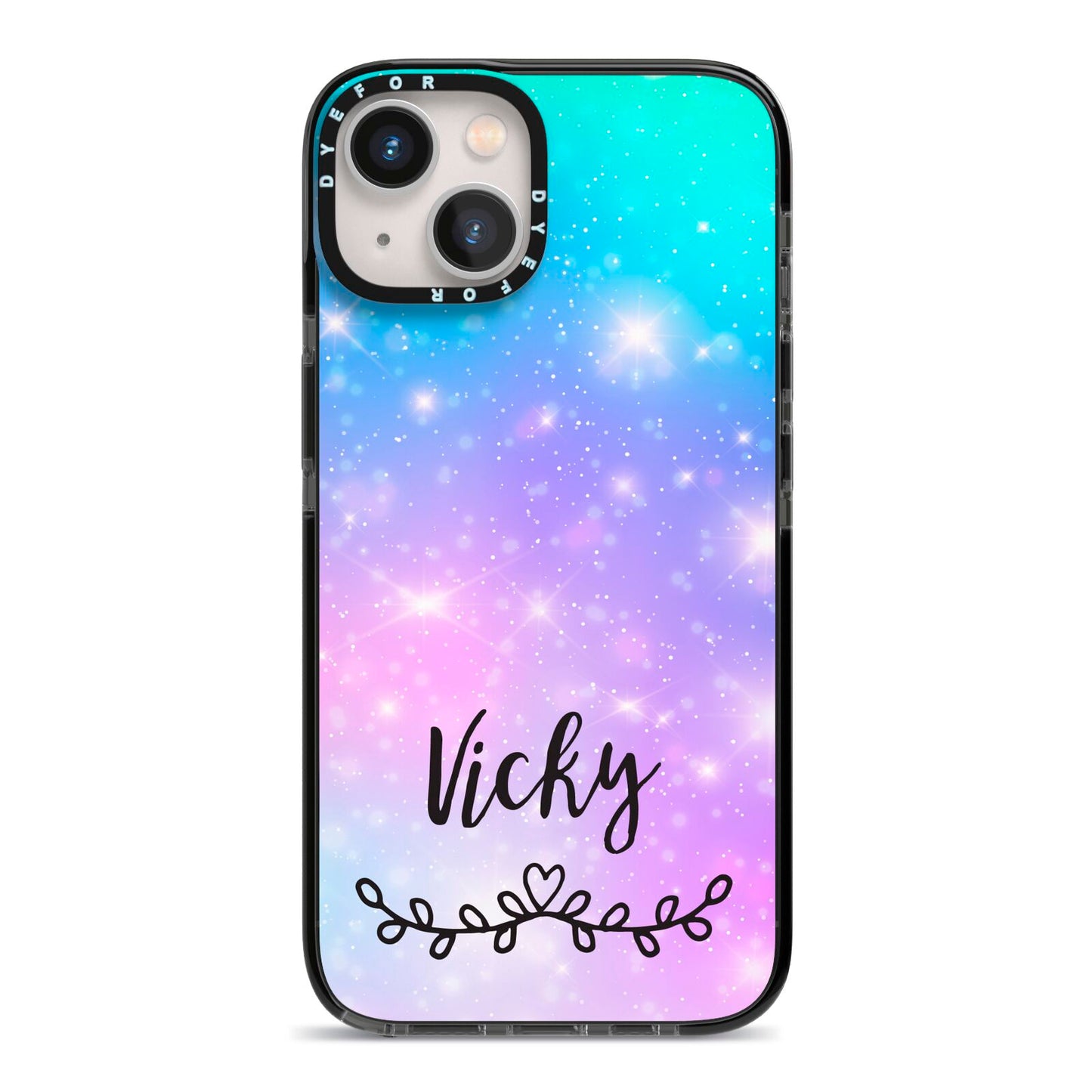 Personalised Black Name Purple Unicorn Marble iPhone 13 Black Impact Case on Silver phone