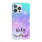 Personalised Black Name Purple Unicorn Marble iPhone 13 Pro Clear Bumper Case