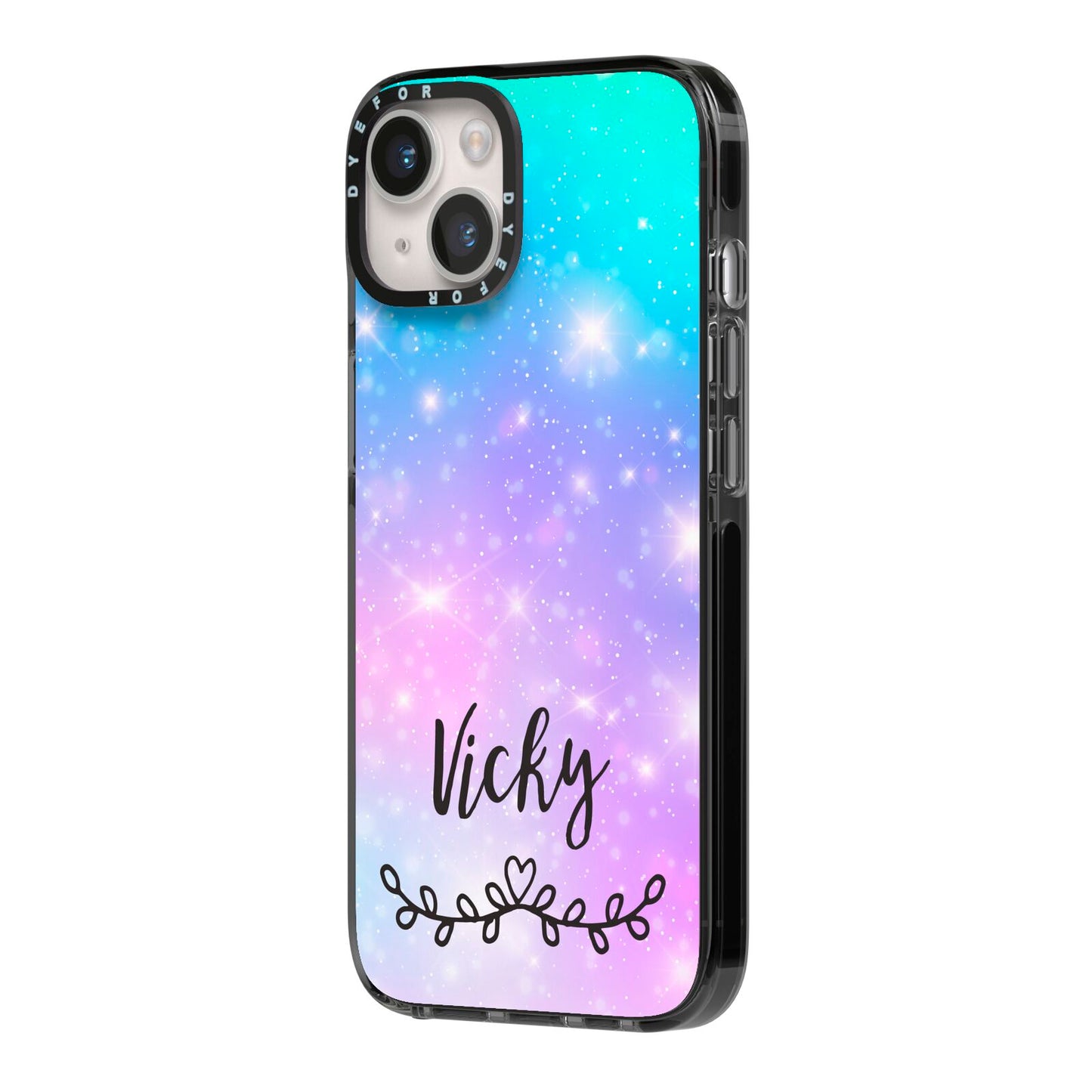 Personalised Black Name Purple Unicorn Marble iPhone 14 Black Impact Case Side Angle on Silver phone