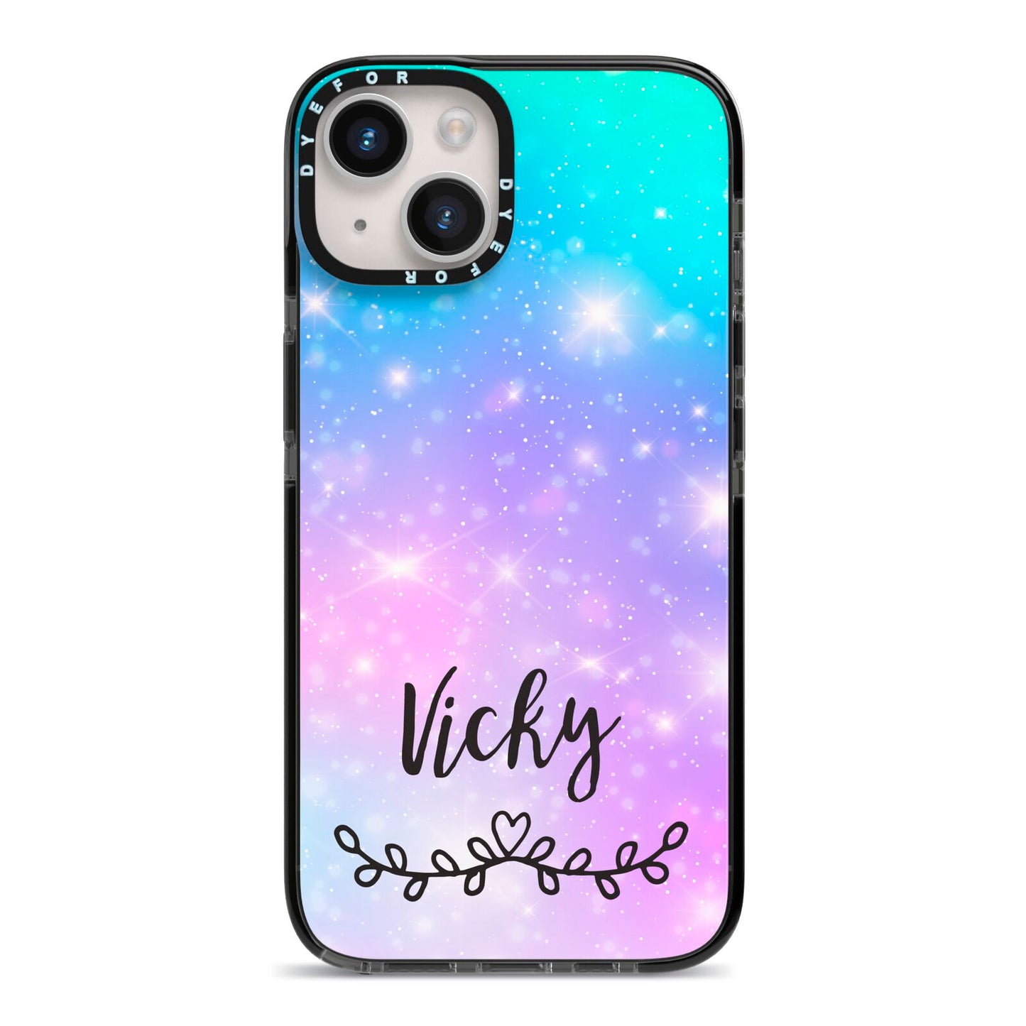 Personalised Black Name Purple Unicorn Marble iPhone 14 Black Impact Case on Silver phone