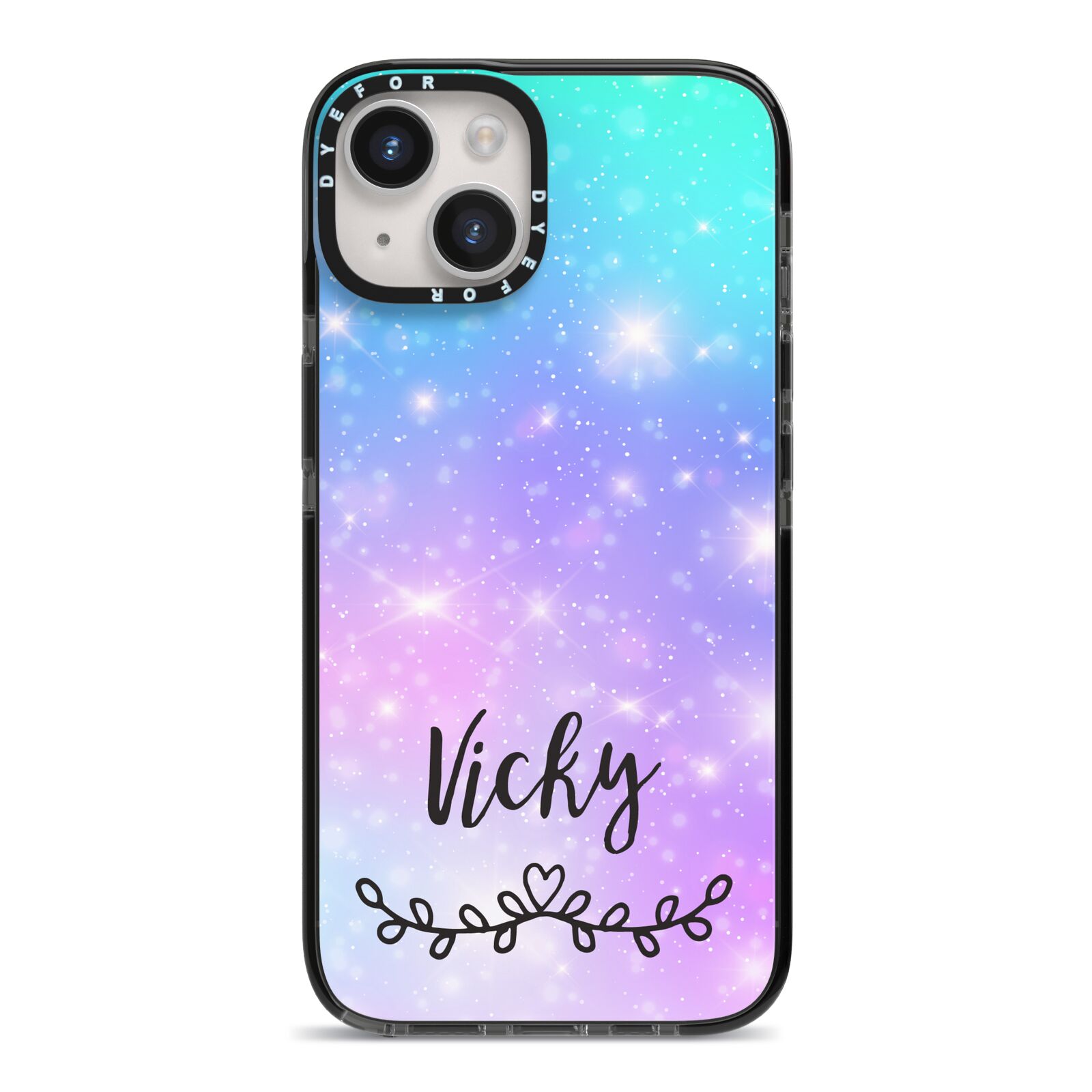 Personalised Black Name Purple Unicorn Marble iPhone 14 Black Impact Case on Silver phone