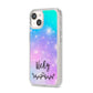 Personalised Black Name Purple Unicorn Marble iPhone 14 Clear Tough Case Starlight Angled Image