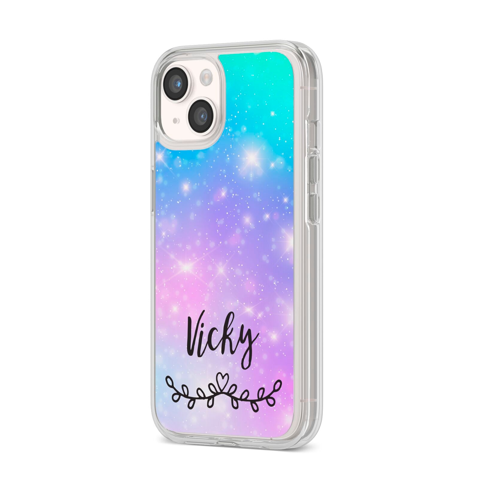 Personalised Black Name Purple Unicorn Marble iPhone 14 Clear Tough Case Starlight Angled Image