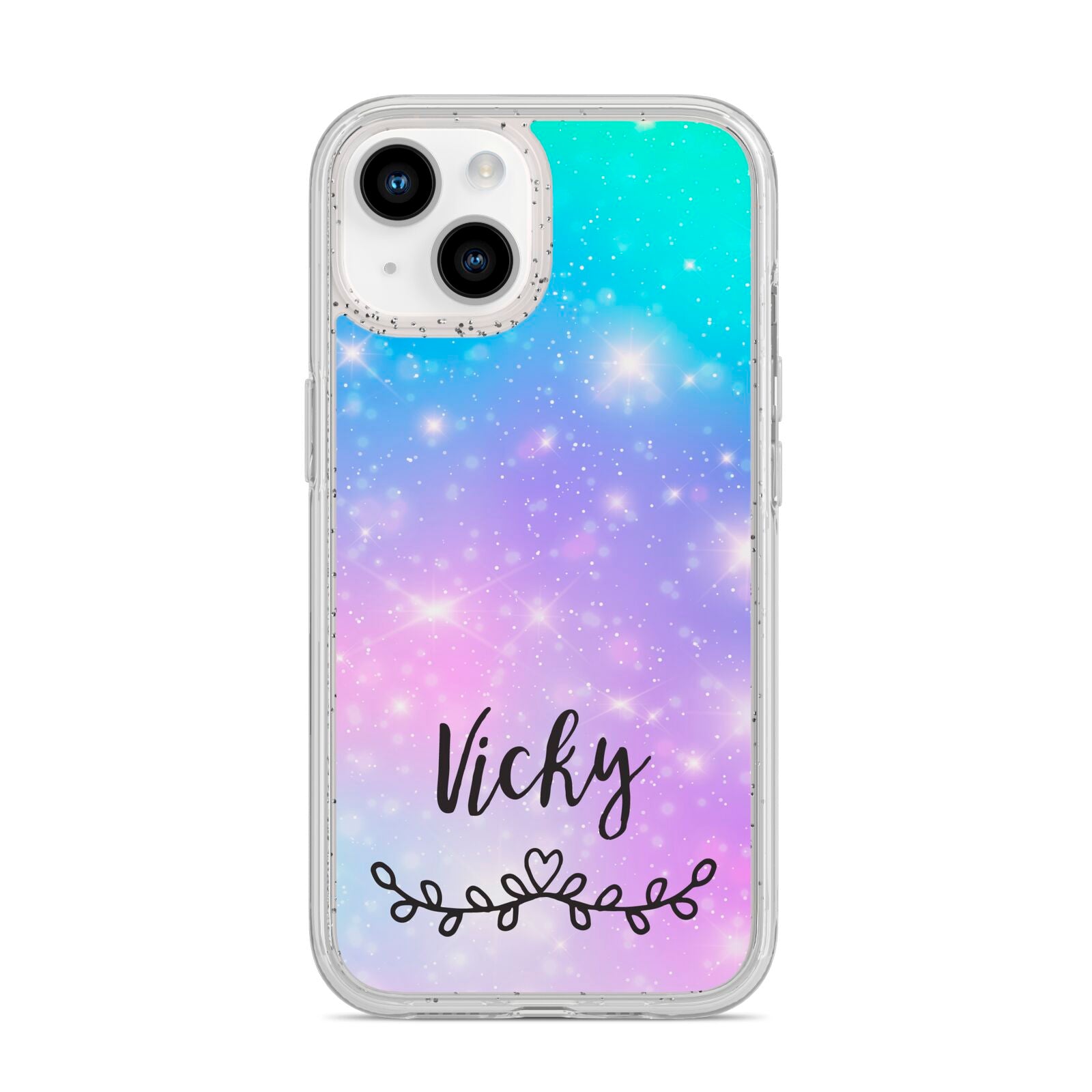 Personalised Black Name Purple Unicorn Marble iPhone 14 Glitter Tough Case Starlight