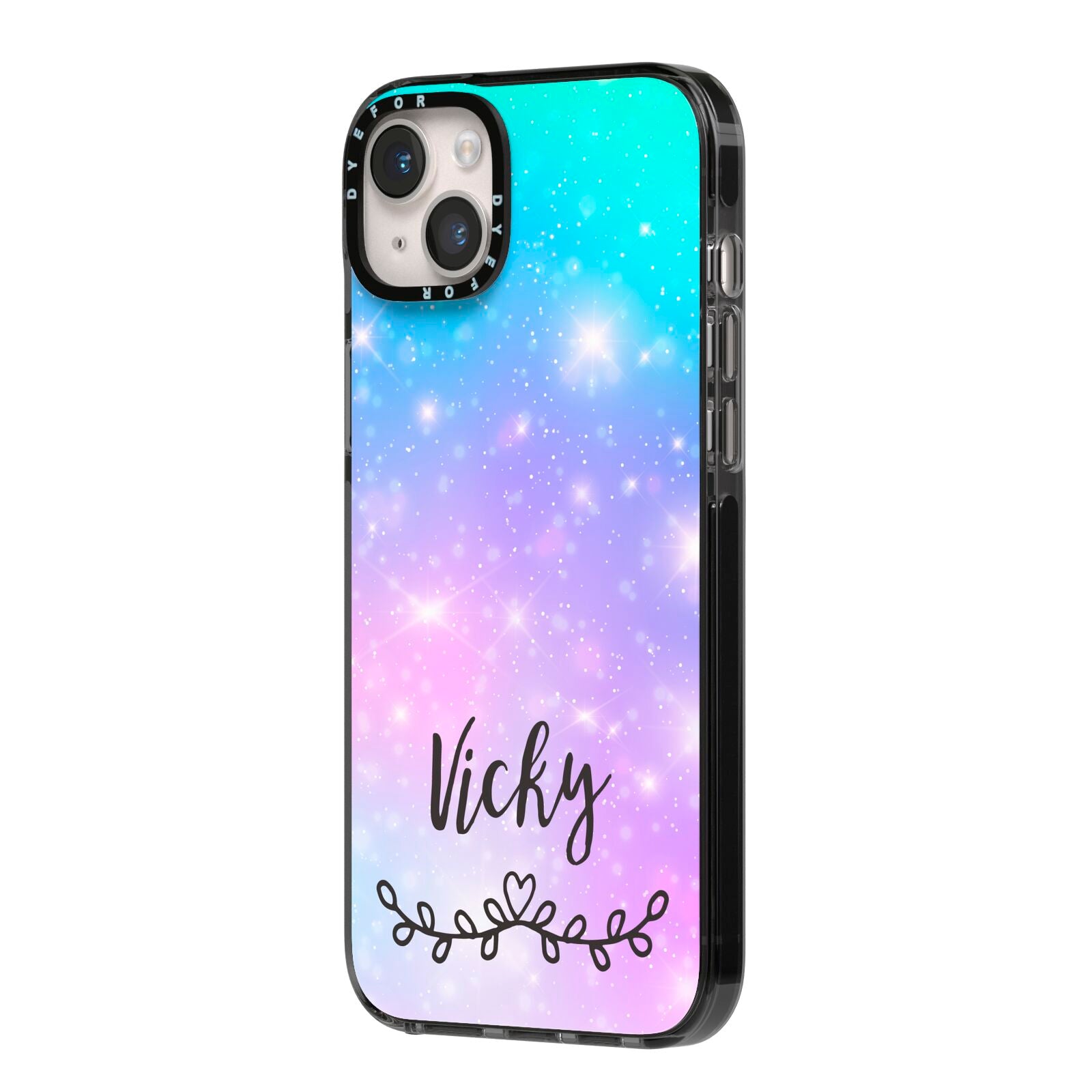 Personalised Black Name Purple Unicorn Marble iPhone 14 Plus Black Impact Case Side Angle on Silver phone