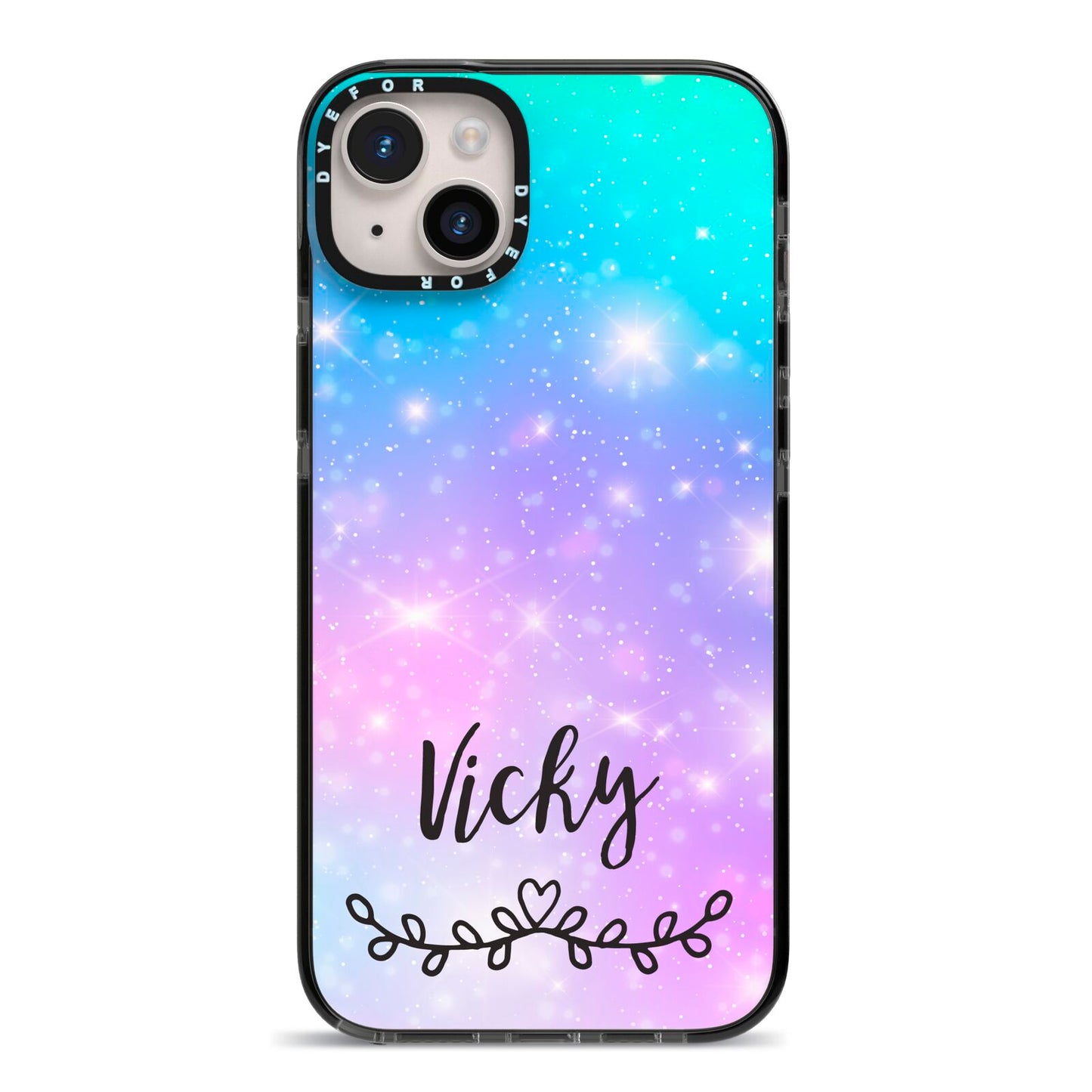 Personalised Black Name Purple Unicorn Marble iPhone 14 Plus Black Impact Case on Silver phone