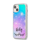 Personalised Black Name Purple Unicorn Marble iPhone 14 Plus Clear Tough Case Starlight Angled Image