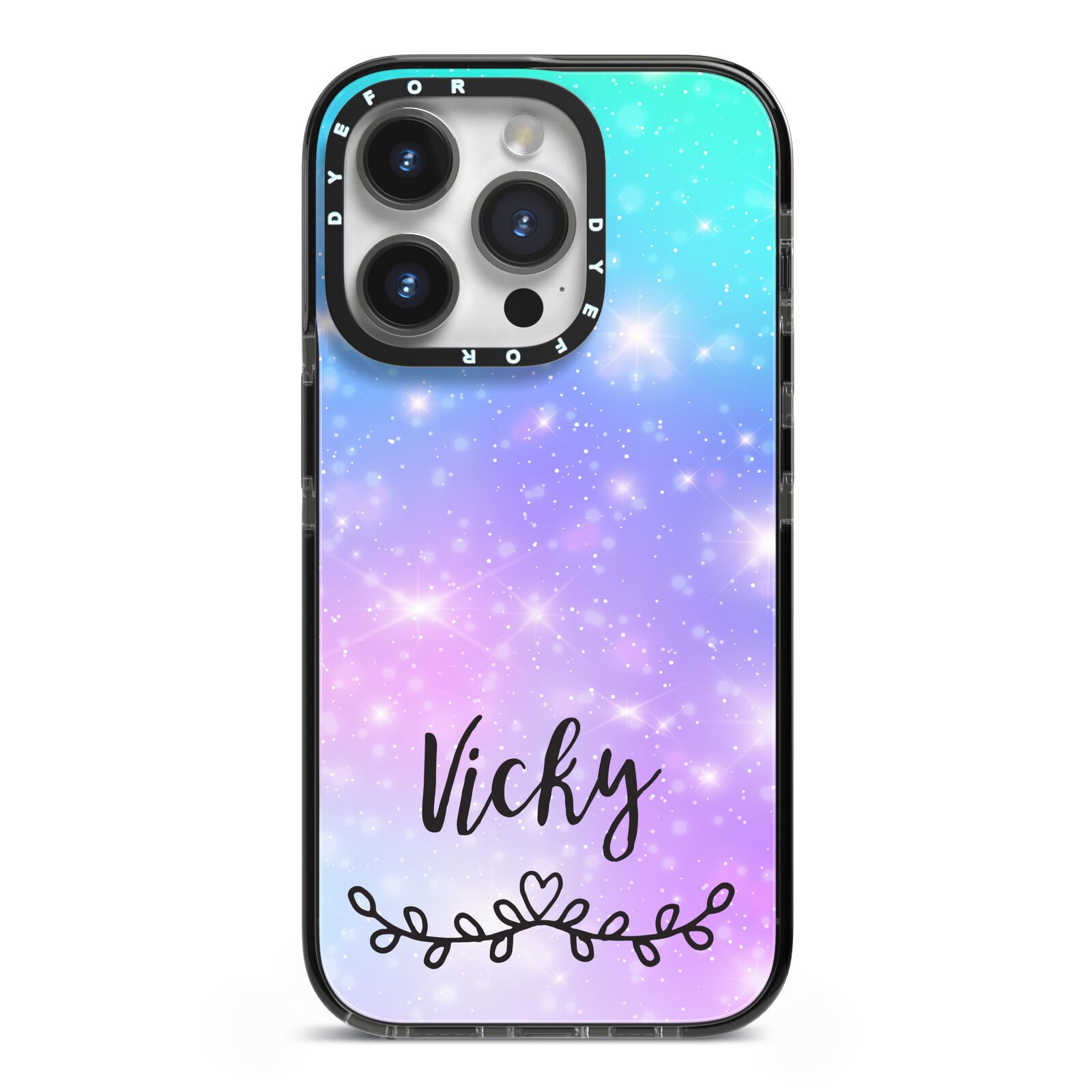 Personalised Black Name Purple Unicorn Marble iPhone 14 Pro Black Impact Case on Silver phone