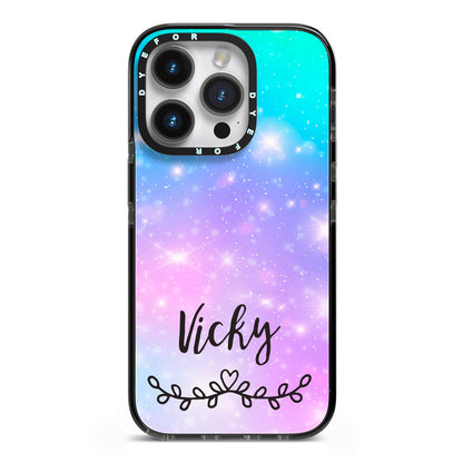 Personalised Black Name Purple Unicorn Marble iPhone 14 Pro Black Impact Case on Silver phone