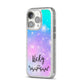 Personalised Black Name Purple Unicorn Marble iPhone 14 Pro Glitter Tough Case Silver Angled Image