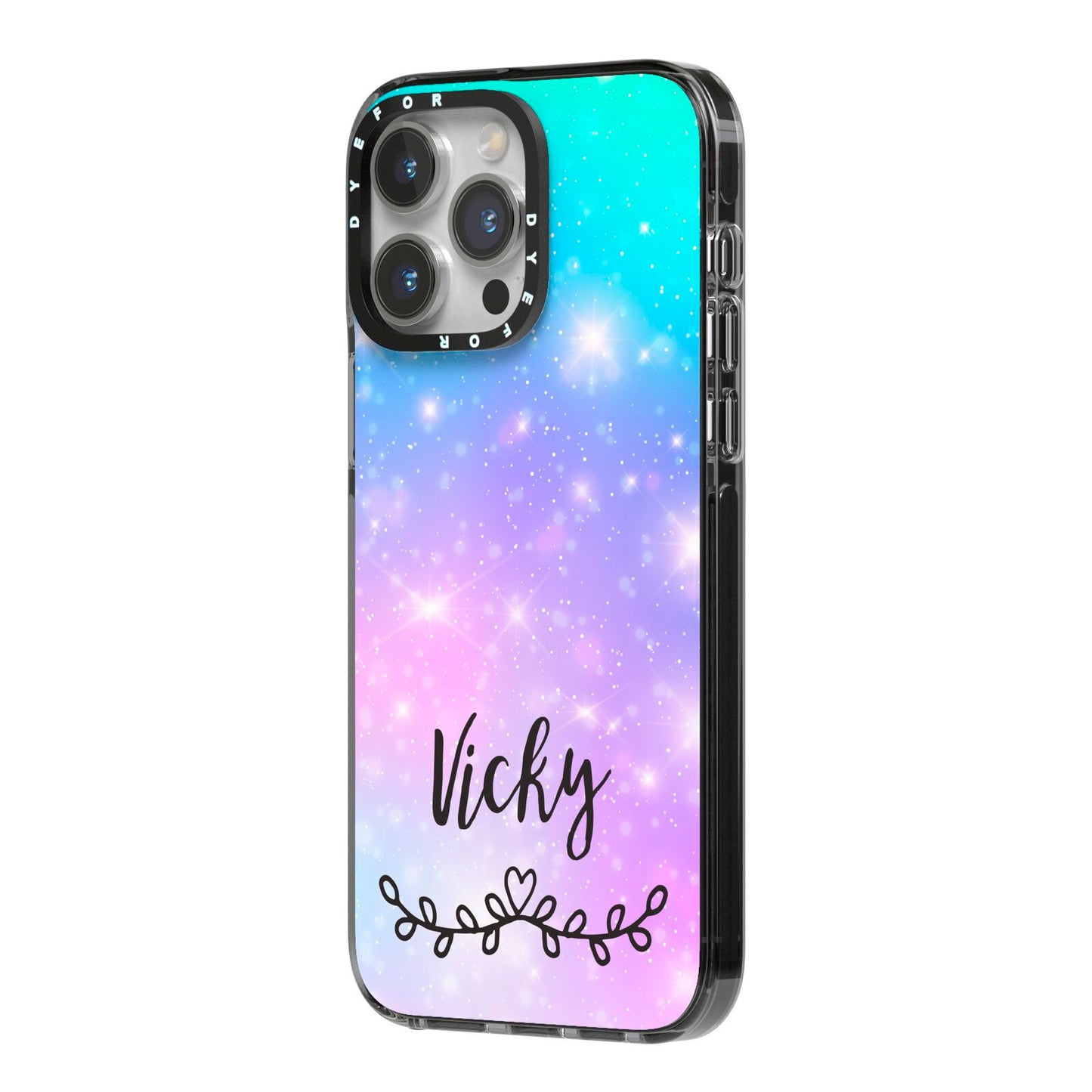 Personalised Black Name Purple Unicorn Marble iPhone 14 Pro Max Black Impact Case Side Angle on Silver phone