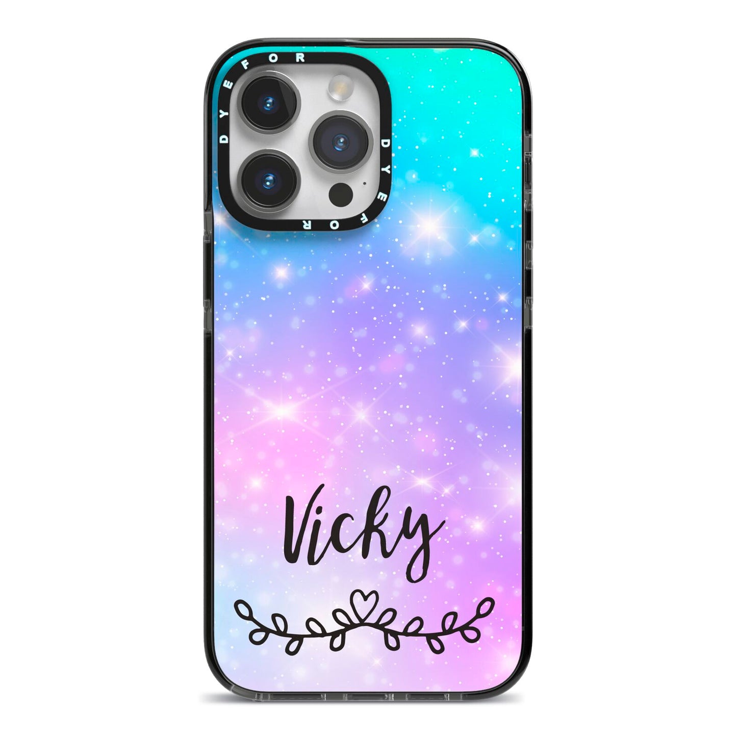 Personalised Black Name Purple Unicorn Marble iPhone 14 Pro Max Black Impact Case on Silver phone