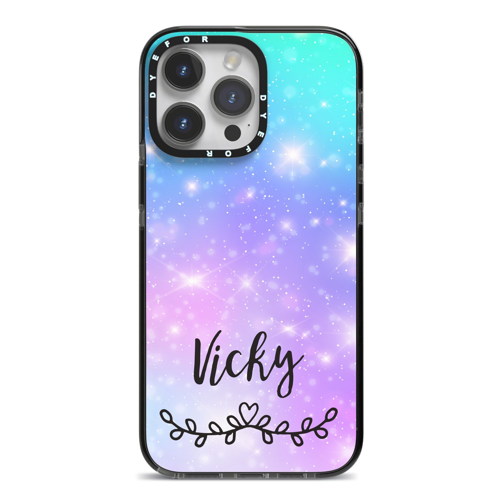 Personalised Black Name Purple Unicorn Marble iPhone 14 Pro Max Black Impact Case on Silver phone