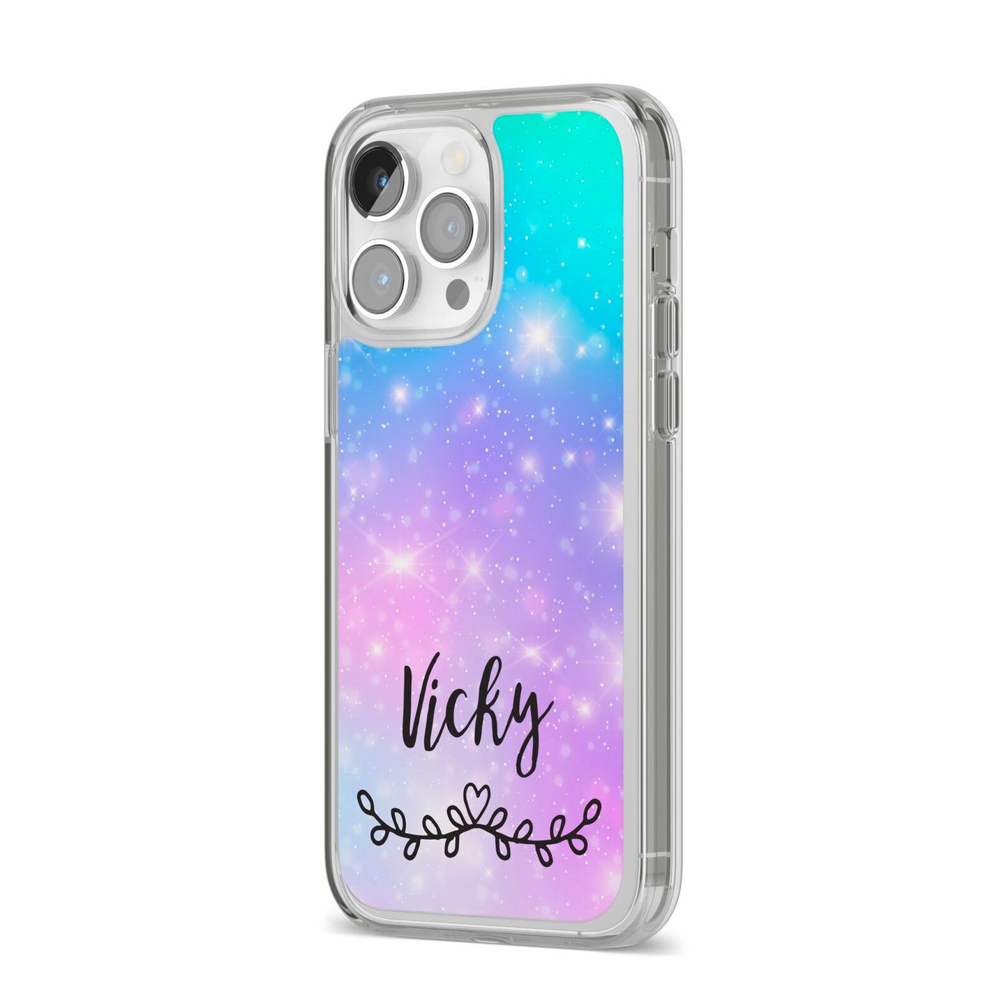 Personalised Black Name Purple Unicorn Marble iPhone 14 Pro Max Clear Tough Case Silver Angled Image