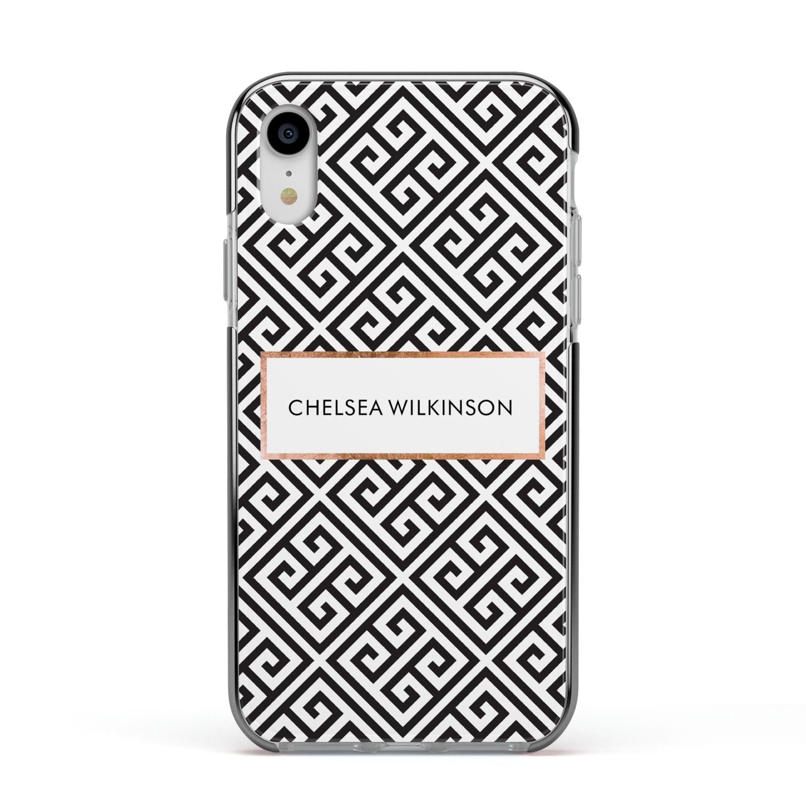 Personalised Black Pattern Name Or Initials Apple iPhone XR Impact Case Black Edge on Silver Phone