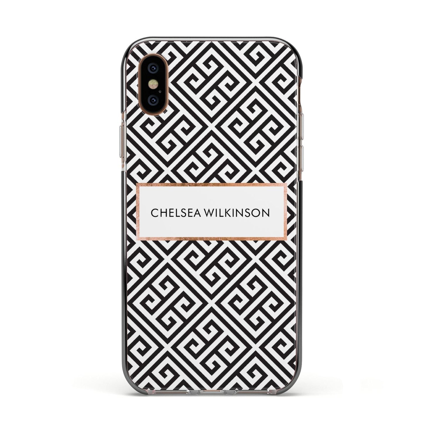 Personalised Black Pattern Name Or Initials Apple iPhone Xs Impact Case Black Edge on Gold Phone