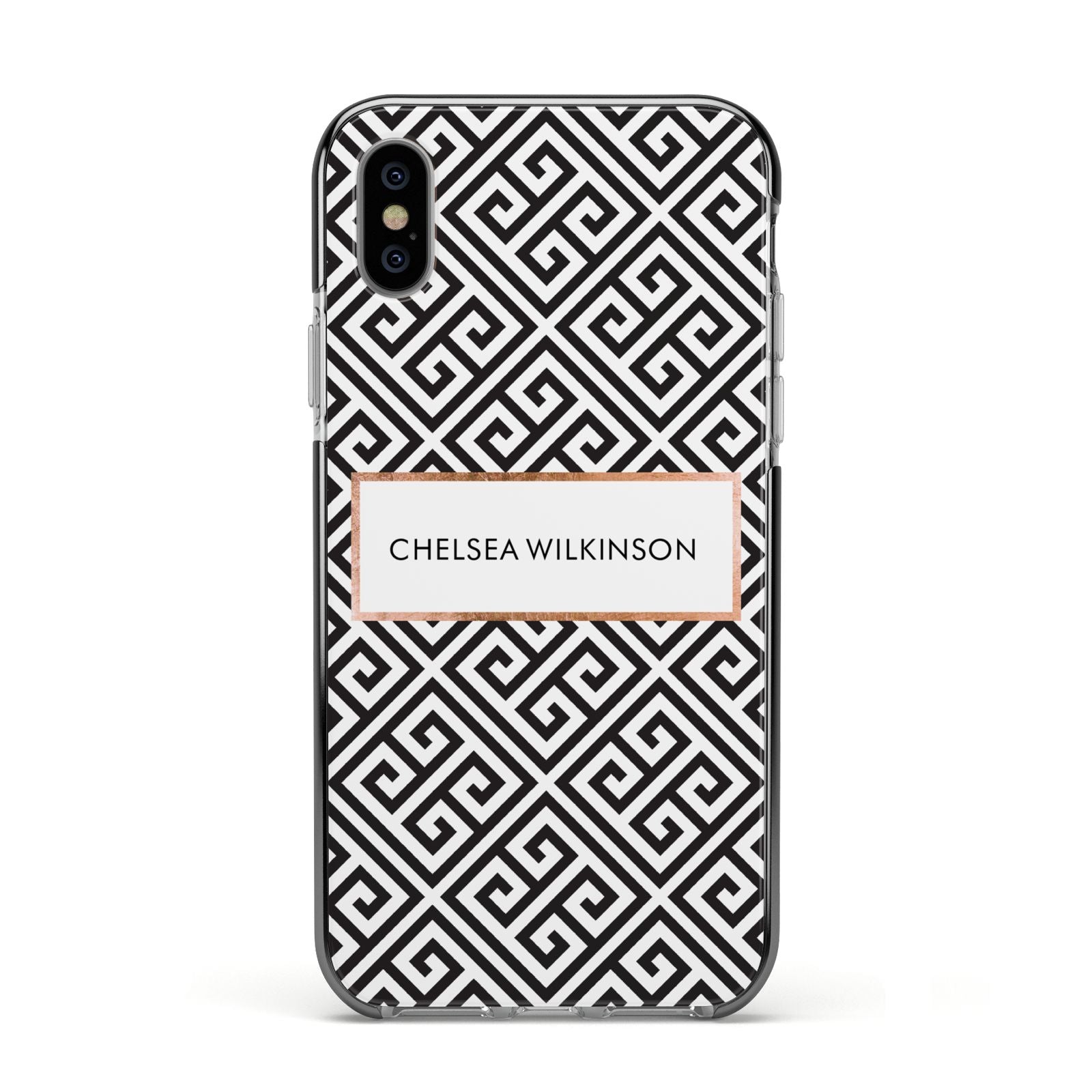 Personalised Black Pattern Name Or Initials Apple iPhone Xs Impact Case Black Edge on Silver Phone