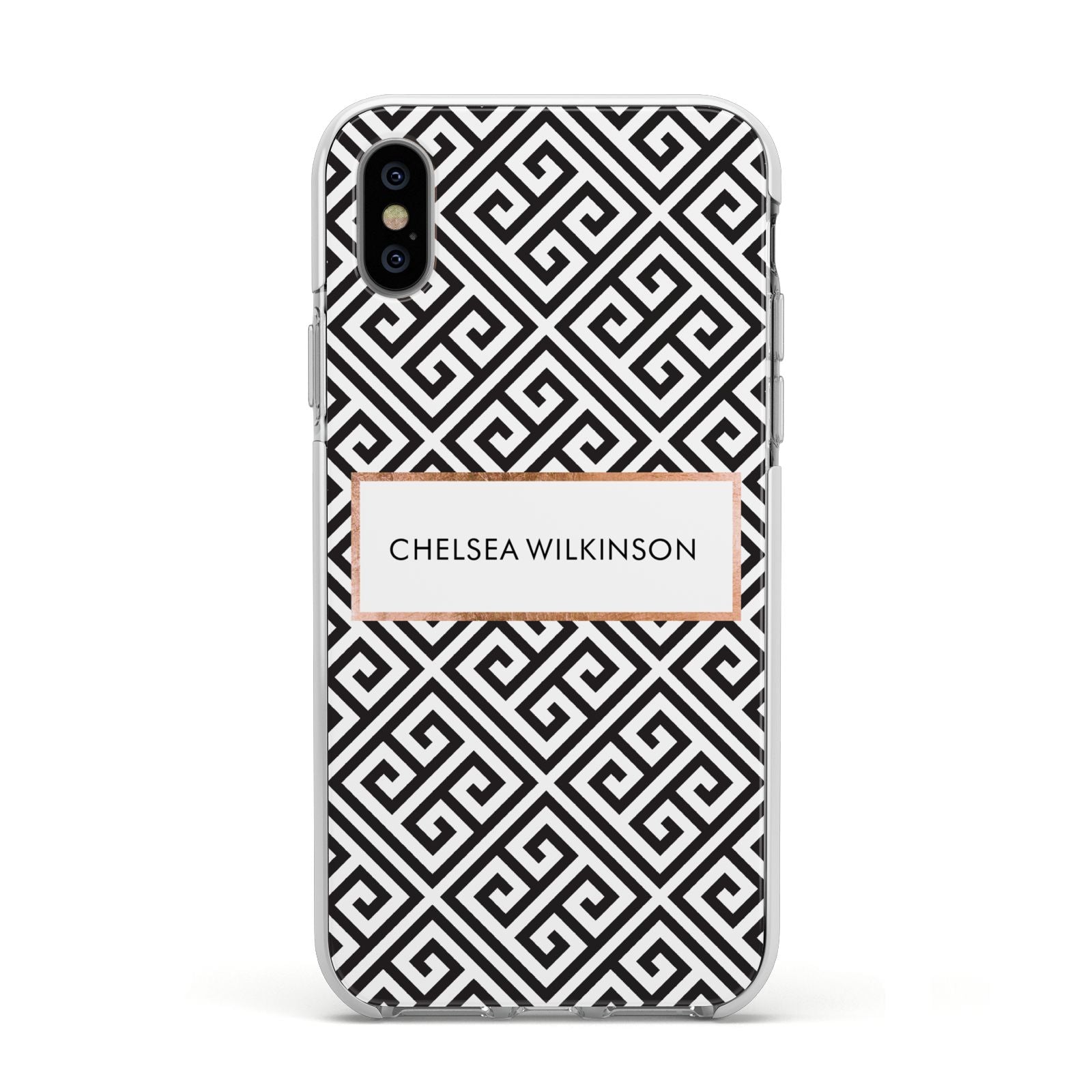 Personalised Black Pattern Name Or Initials Apple iPhone Xs Impact Case White Edge on Silver Phone