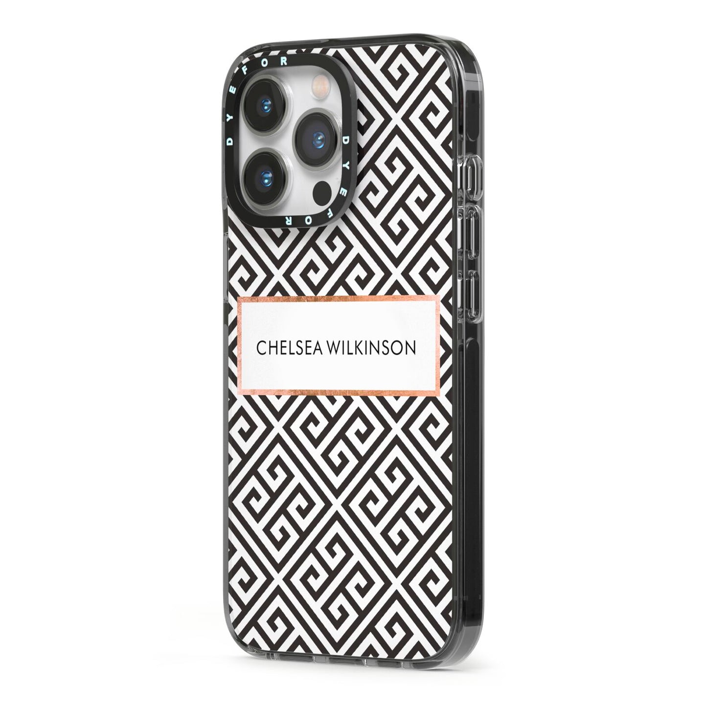 Personalised Black Pattern Name Or Initials iPhone 13 Pro Black Impact Case Side Angle on Silver phone