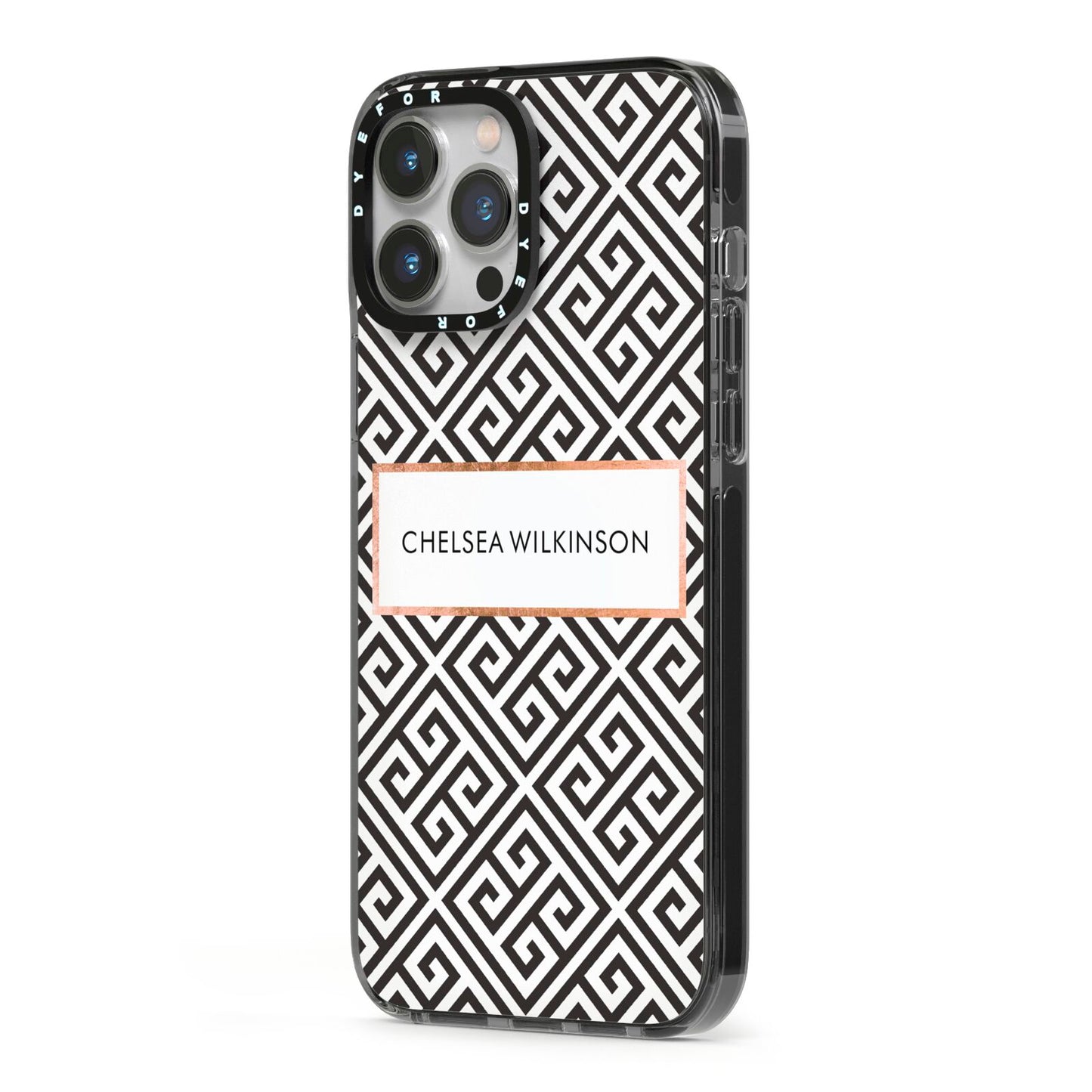 Personalised Black Pattern Name Or Initials iPhone 13 Pro Max Black Impact Case Side Angle on Silver phone