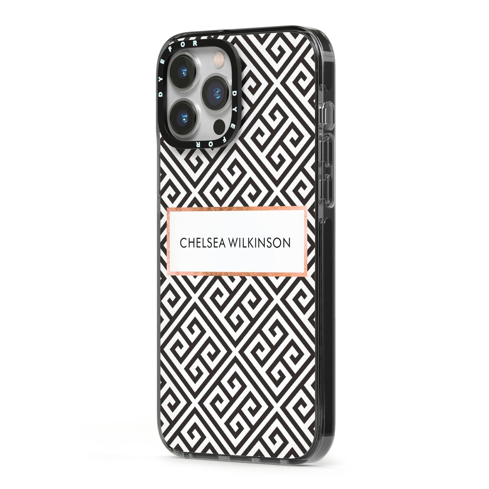 Personalised Black Pattern Name Or Initials iPhone 13 Pro Max Black Impact Case Side Angle on Silver phone