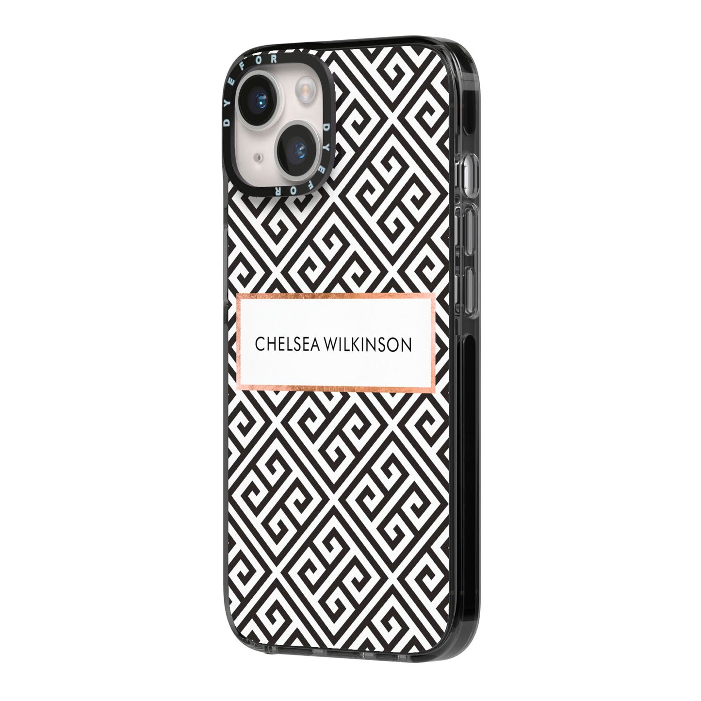 Personalised Black Pattern Name Or Initials iPhone 14 Black Impact Case Side Angle on Silver phone