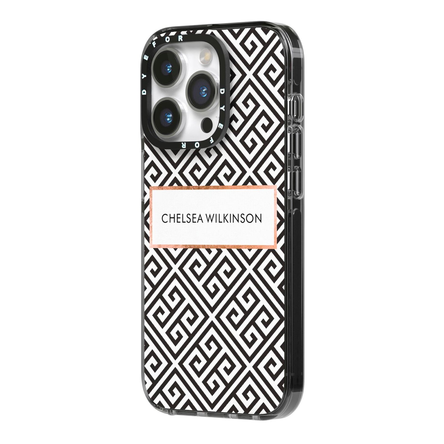 Personalised Black Pattern Name Or Initials iPhone 14 Pro Black Impact Case Side Angle on Silver phone