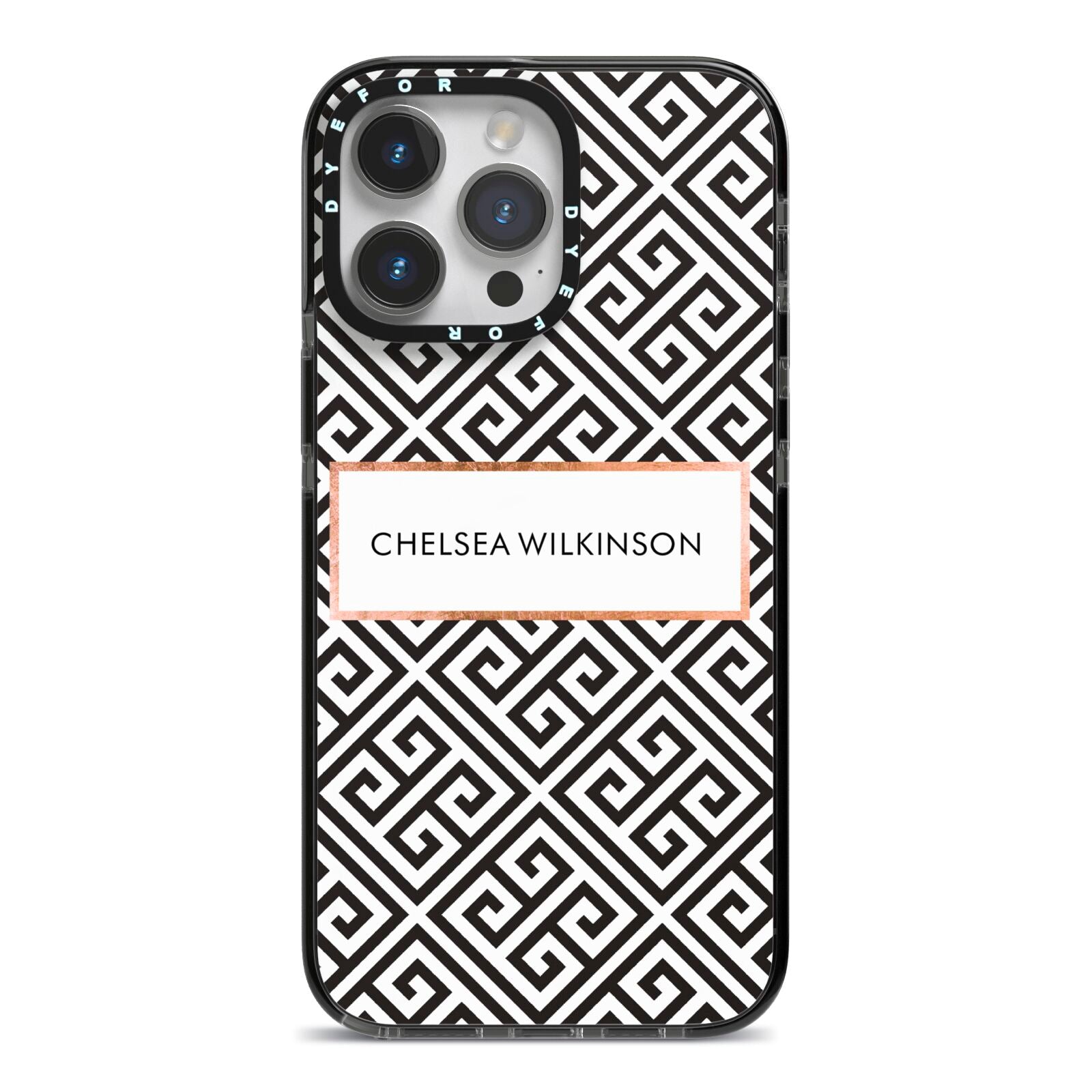 Personalised Black Pattern Name Or Initials iPhone 14 Pro Max Black Impact Case on Silver phone